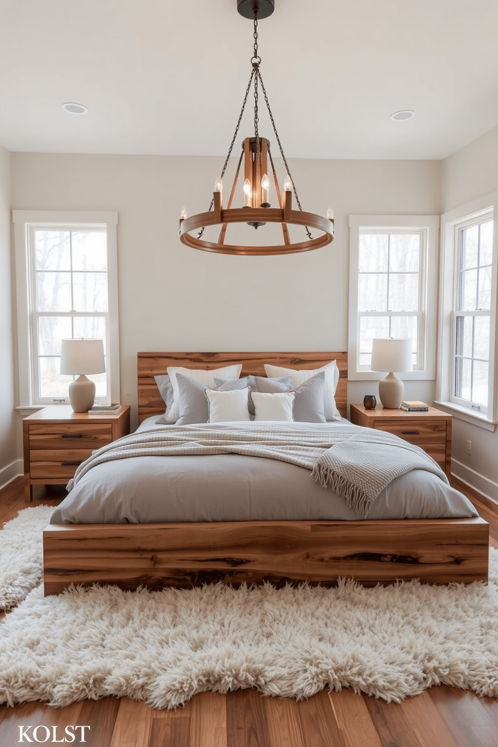 A cozy transitional bedroom featuring natural wood elements. The bed frame is crafted from reclaimed wood, complemented by soft, neutral bedding and a plush area rug that adds warmth to the space. Large windows allow natural light to flood in, highlighting the wooden nightstands on either side of the bed. A statement chandelier made of wood and metal hangs from the ceiling, creating an inviting focal point in the room.