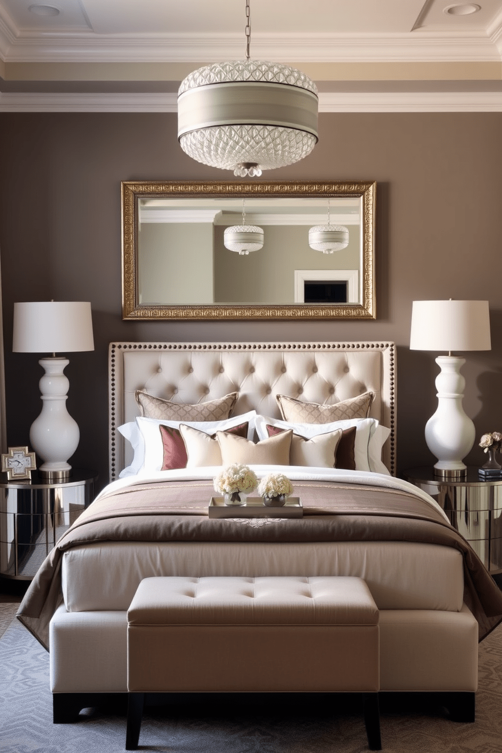 A transitional bedroom that blends modern and traditional elements. The room features a plush king-sized bed with a tufted headboard and layered bedding in soft neutrals. On either side of the bed, there are elegant nightstands topped with decorative lamps. A large decorative mirror is mounted above the dresser, reflecting natural light and enhancing the spacious feel.