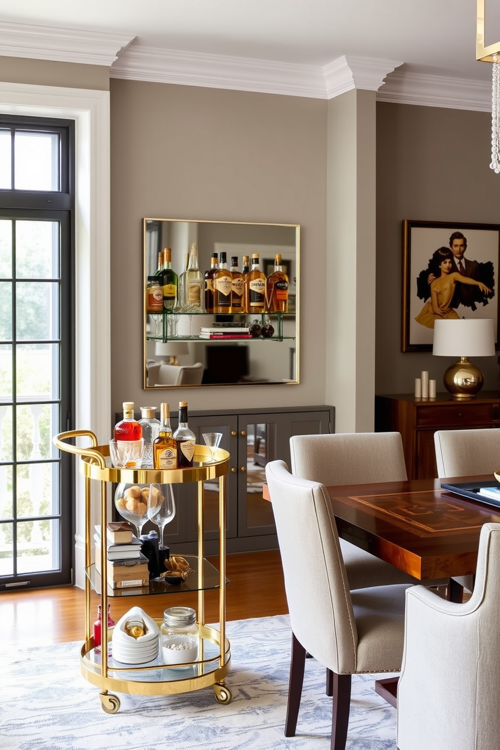 A stylish bar cart is elegantly positioned in the corner of the dining room. It features a polished gold frame with glass shelves, adorned with an array of colorful spirits and crystal glassware. The transitional dining room design combines modern and classic elements seamlessly. A large wooden dining table is surrounded by upholstered chairs in neutral tones, creating a warm and inviting atmosphere.