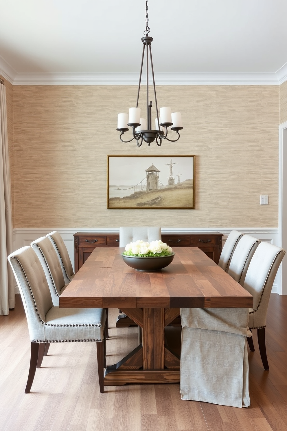 A transitional dining room features a subtle wallpaper that adds texture and depth to the space. The dining table is made of reclaimed wood, surrounded by upholstered chairs that blend comfort with elegance. A stylish chandelier hangs above the table, providing warm ambient lighting for gatherings. The color palette includes soft neutrals and muted earth tones, creating a cohesive and inviting atmosphere.