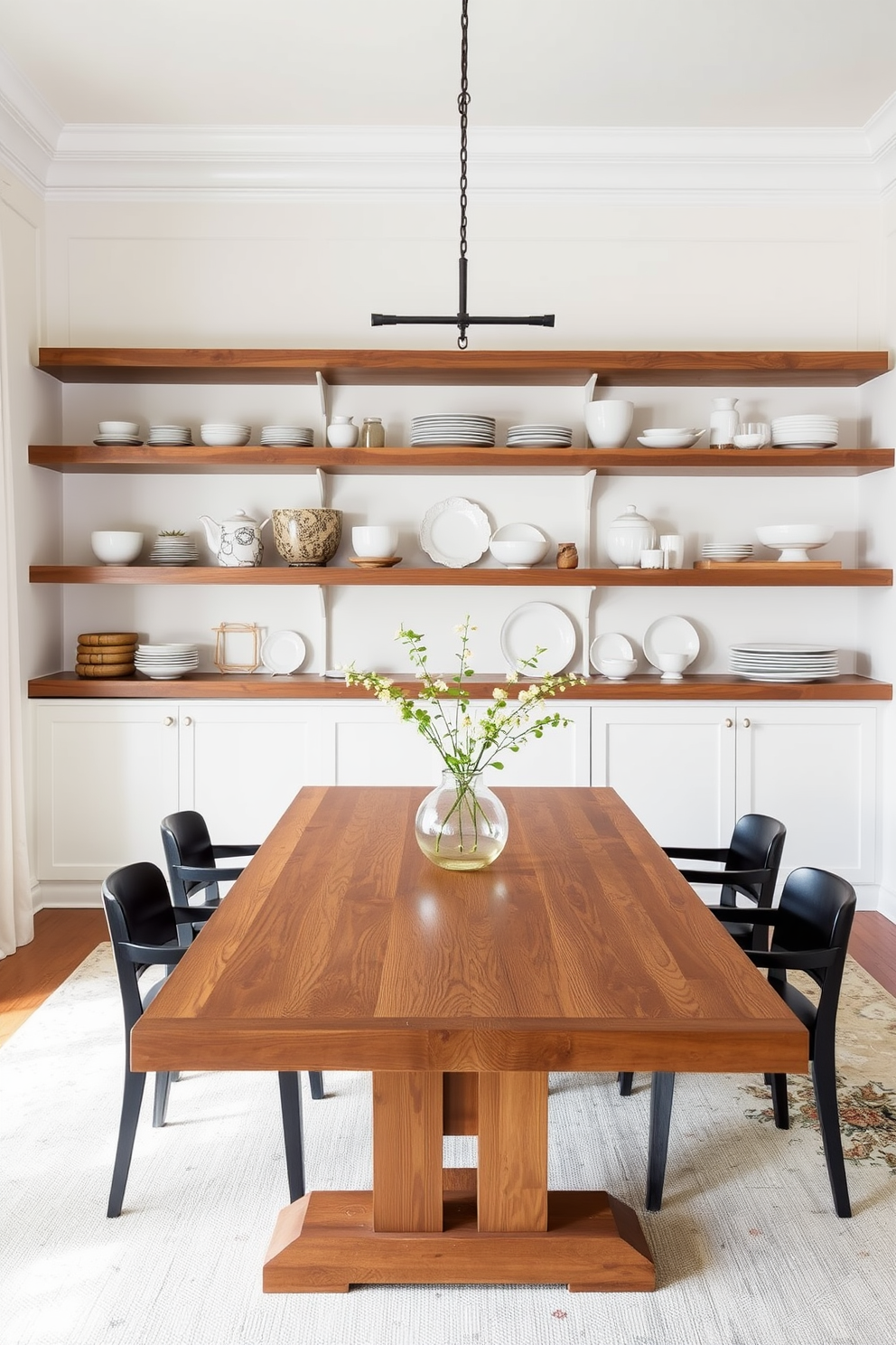 A transitional dining room features open shelving elegantly displaying decorative dishes. The shelves are made of reclaimed wood, providing a warm contrast to the crisp white walls and a large wooden dining table at the center.