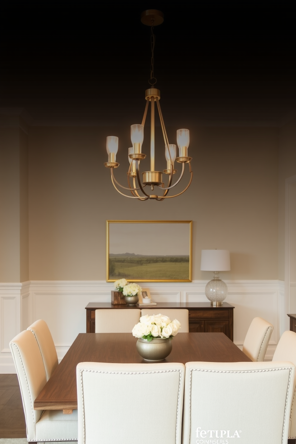 A stunning transitional chandelier hangs gracefully above the dining table, providing a warm glow that enhances the inviting atmosphere of the room. The chandelier features a blend of modern and classic elements, with an elegant design that complements the overall aesthetic. The dining room showcases a harmonious mix of traditional and contemporary furniture, with a sleek wooden table surrounded by upholstered chairs. Soft neutral tones on the walls and rich textures in the decor create a balanced and sophisticated dining experience.