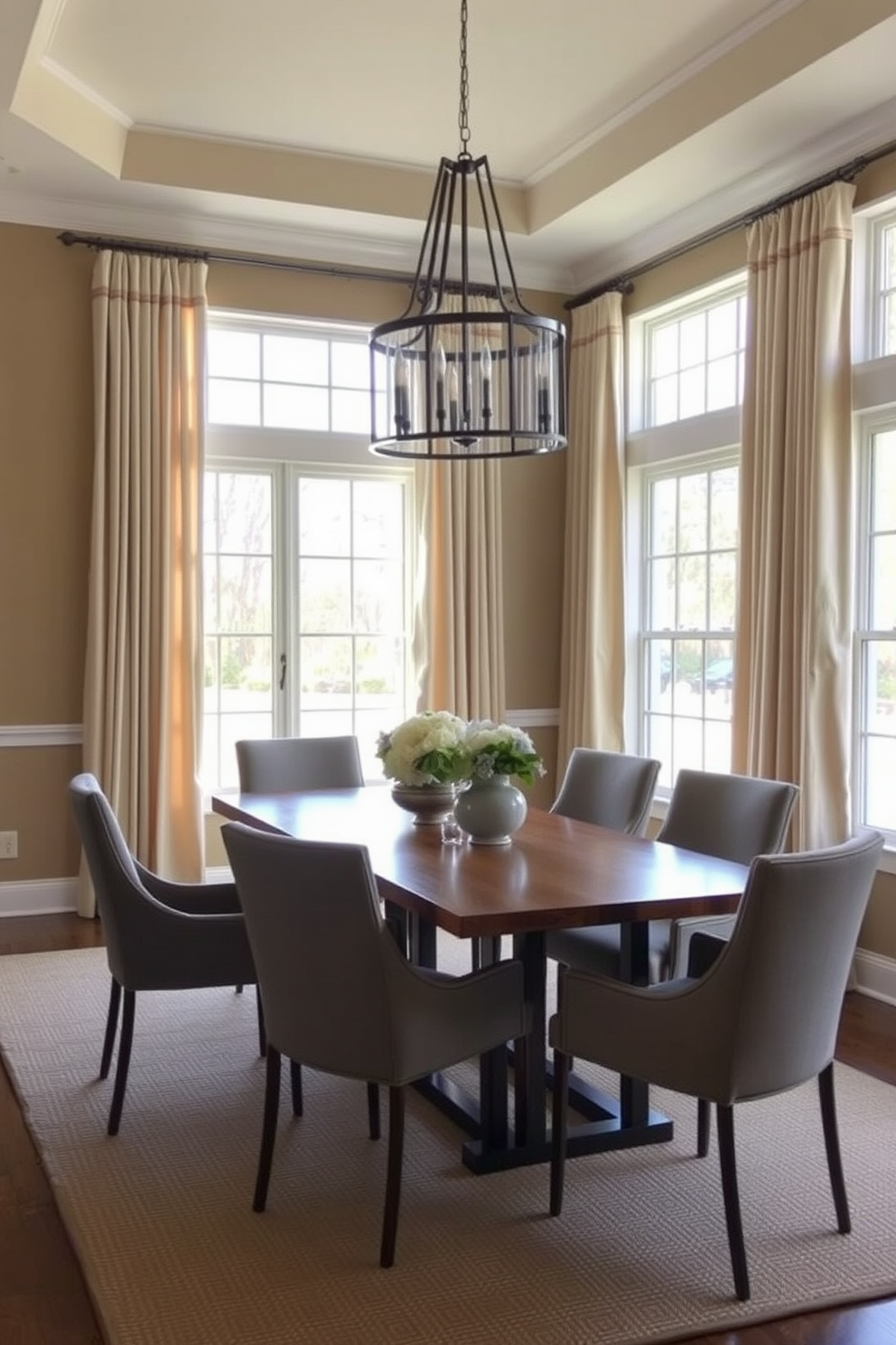 A transitional dining room features soft drapes framing large windows that allow natural light to fill the space. The dining table is a blend of wood and metal, surrounded by upholstered chairs in muted tones for comfort and style. A statement chandelier hangs above the table, adding an elegant touch to the room. The walls are painted in a warm neutral color, complemented by a textured area rug that anchors the dining area.