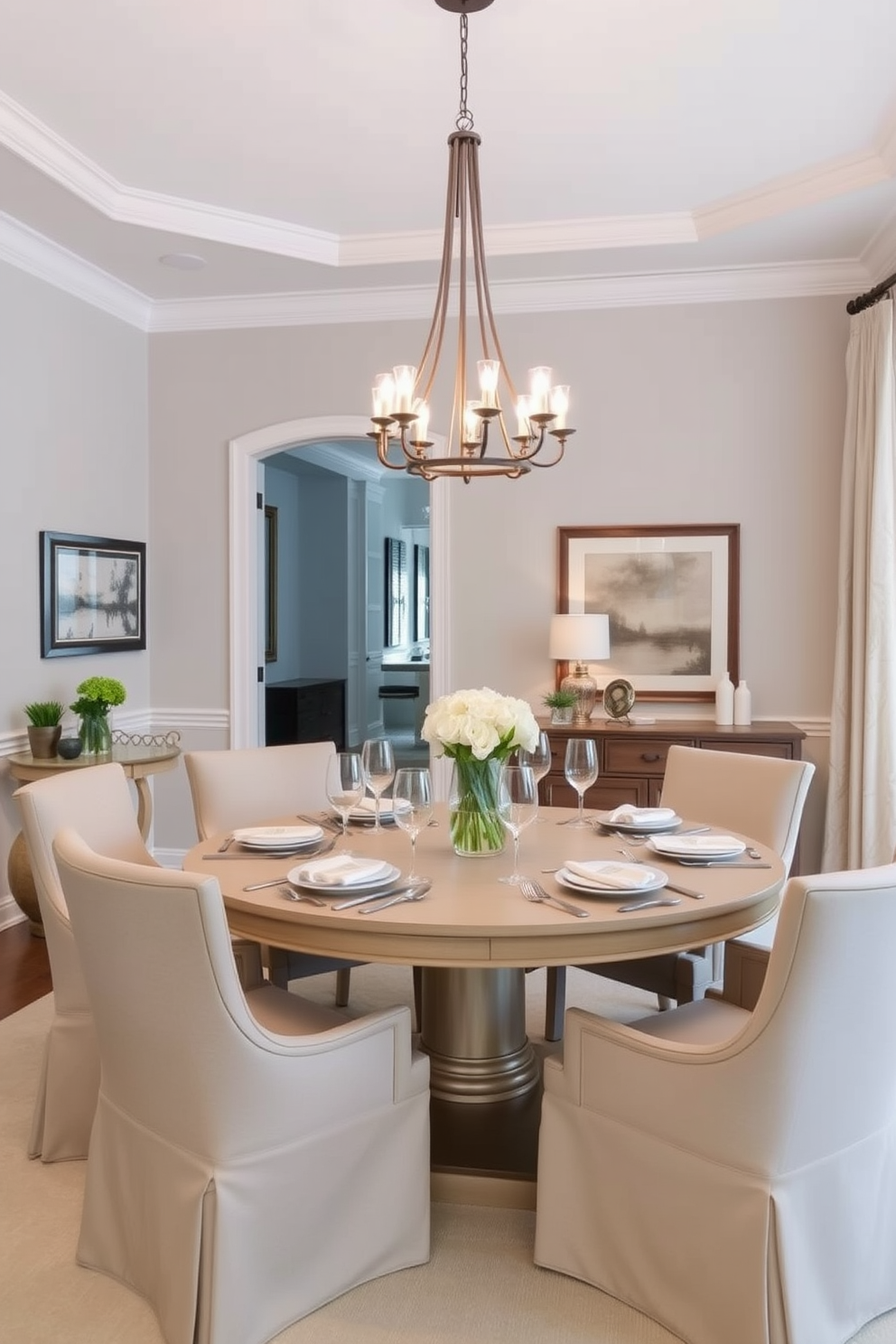 A round table set for intimate gatherings takes center stage in a transitional dining room. Surrounding the table are upholstered chairs in a soft neutral fabric, creating a warm and inviting atmosphere. The walls are painted in a light gray hue, enhancing the room's elegance. A stylish chandelier hangs above the table, casting a soft glow over the space during dinner parties.