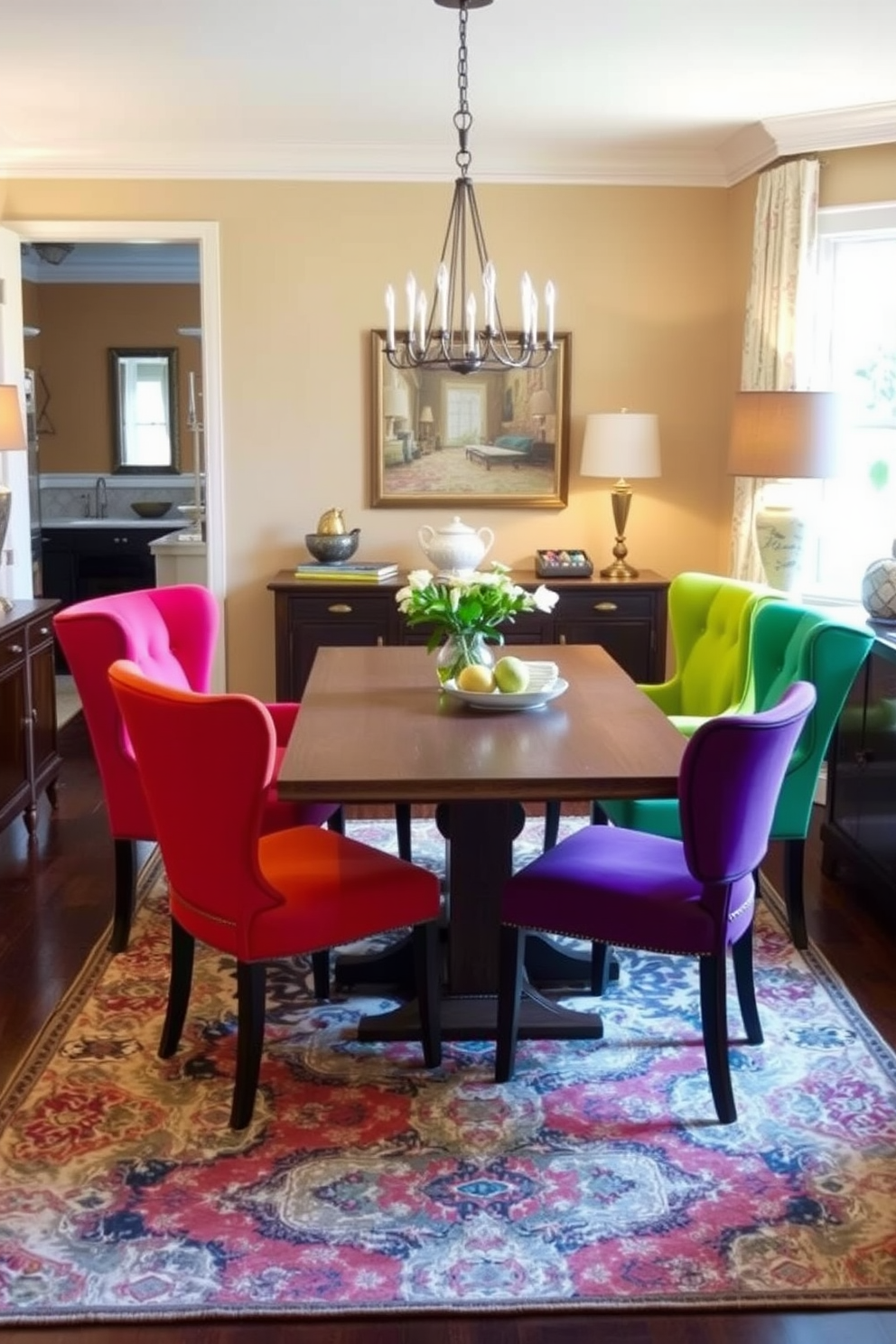 Colorful accent chairs in vibrant hues are arranged around a sleek wooden dining table. The room features a blend of traditional and modern elements, with soft lighting illuminating the space. The walls are painted in a warm neutral tone, creating a welcoming atmosphere. A stylish area rug anchors the dining area, adding texture and warmth to the overall design.