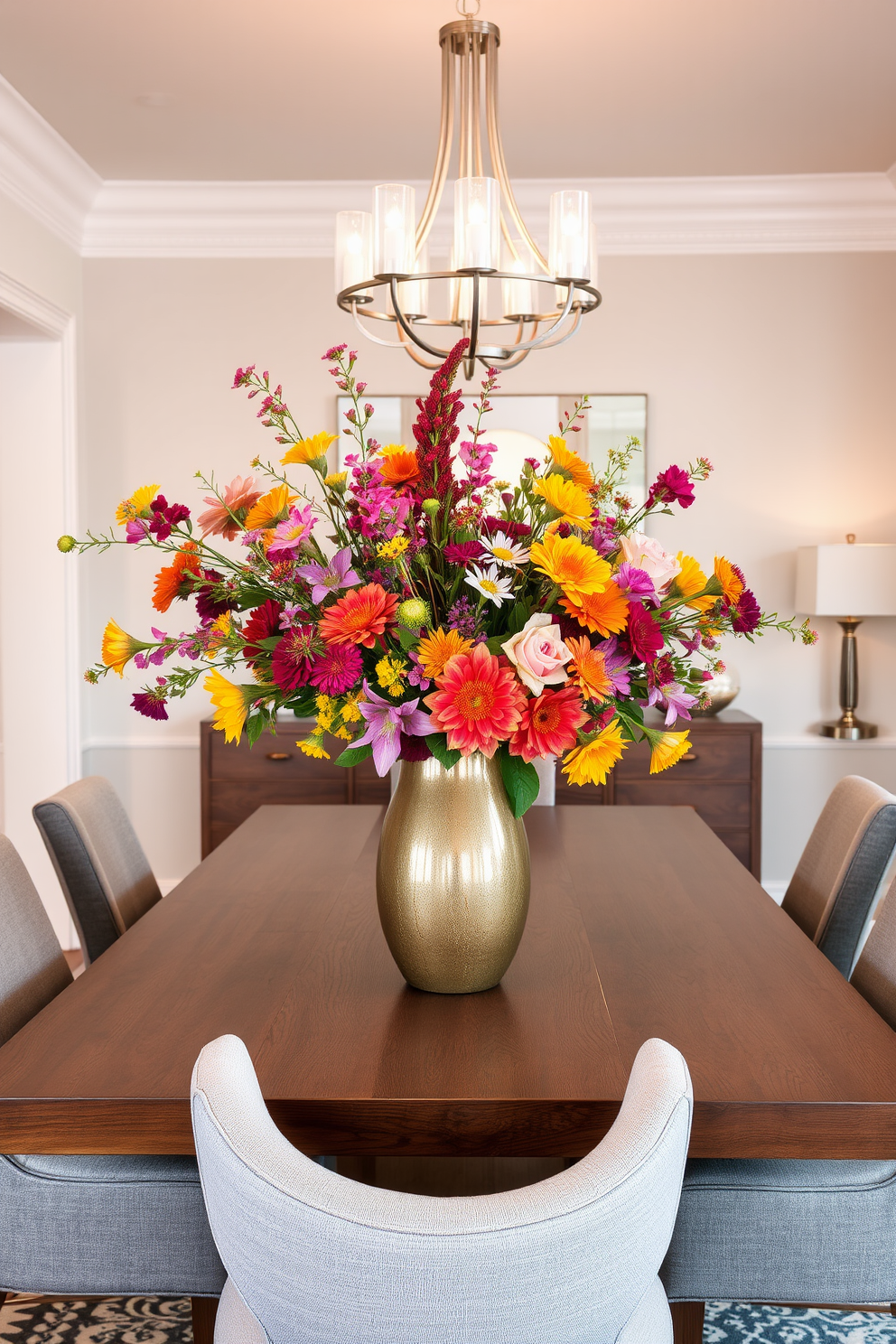 A stunning dining table features a bold centerpiece made of vibrant seasonal flowers arranged in an elegant ceramic vase. Surrounding the table are upholstered chairs with a mix of textures, creating a warm and inviting atmosphere. The dining room showcases a harmonious blend of traditional and contemporary elements with a sleek wooden table paired with modern metallic accents. Soft lighting from a stylish chandelier enhances the room's ambiance, making it perfect for both casual meals and formal gatherings.