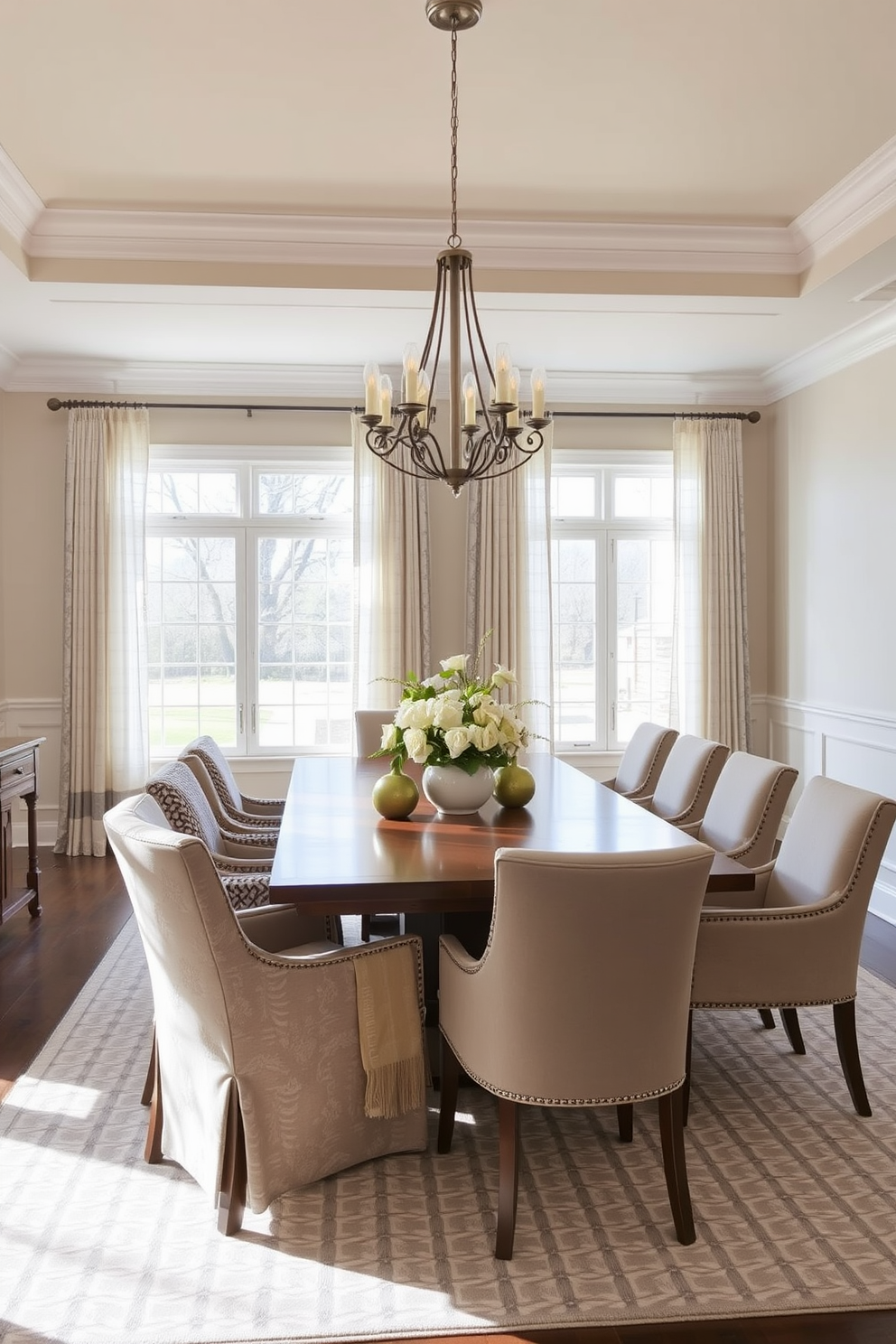 A transitional dining room featuring a large rectangular wooden table surrounded by upholstered chairs in a mix of solid and patterned fabrics. The walls are painted in a soft neutral tone, and a stylish chandelier hangs above the table, casting a warm glow over the space. A patterned area rug anchors the room, complementing the textures of the textiles used in the seating. Large windows adorned with sheer drapes allow natural light to flood in, enhancing the inviting atmosphere.