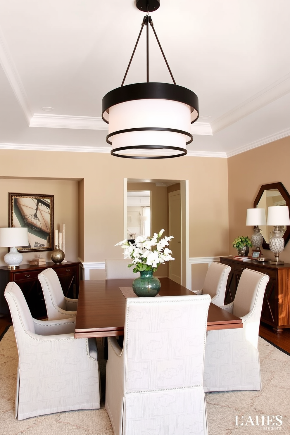 A transitional dining room features a bold light fixture that serves as a striking conversation starter. The room is adorned with a large wooden dining table surrounded by upholstered chairs in soft neutral tones. The walls are painted in a warm beige, creating an inviting atmosphere. A sideboard with elegant decor complements the overall design while providing functional storage.