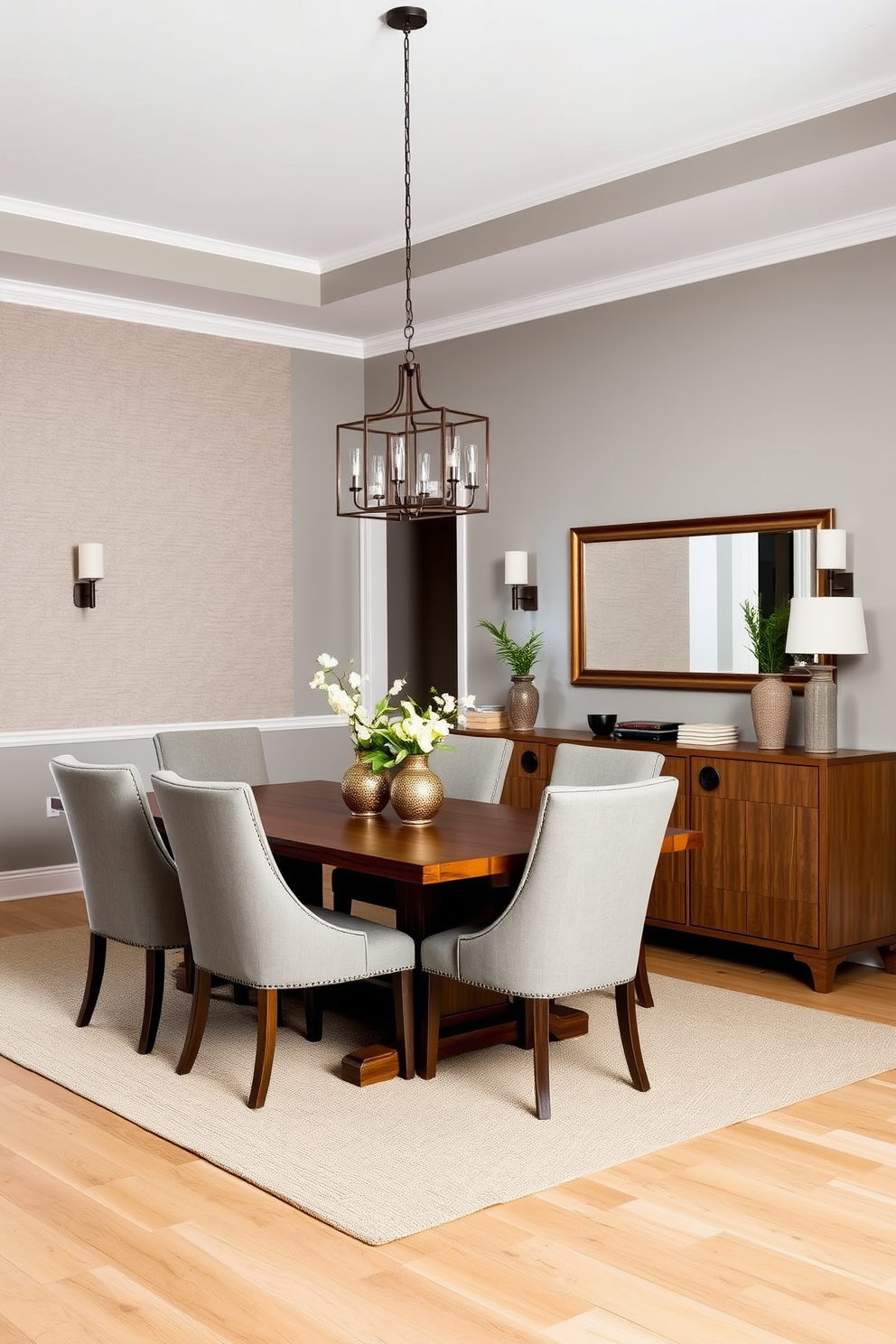 A transitional dining room featuring a large wooden table surrounded by upholstered chairs. The space is illuminated by a combination of pendant lights and wall sconces, creating a warm and inviting atmosphere. The walls are painted in a soft gray tone, complemented by a textured wallpaper on one accent wall. A stylish sideboard is placed against the wall, adorned with decorative accents and a large mirror above it to enhance the room's spacious feel.