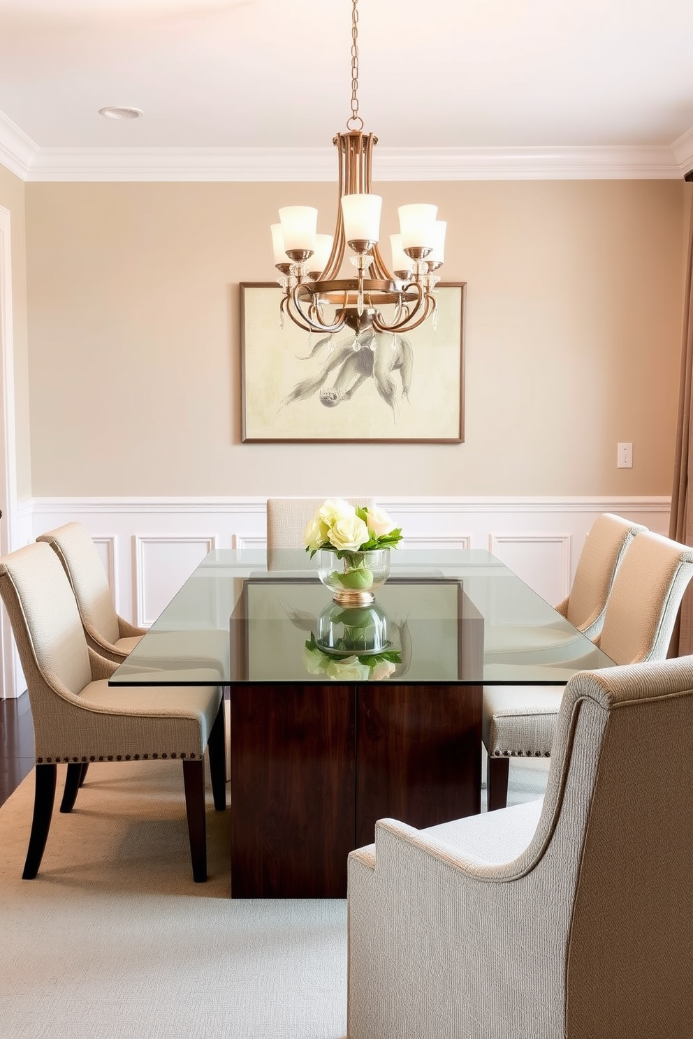 A glass top table with a sleek wooden base serves as the centerpiece of the dining room. Surrounding the table are upholstered chairs in a neutral fabric, creating a warm and inviting atmosphere. The walls are painted in a soft beige, complemented by elegant wainscoting that adds depth to the space. A stylish chandelier hangs above the table, casting a warm glow over the dining area.