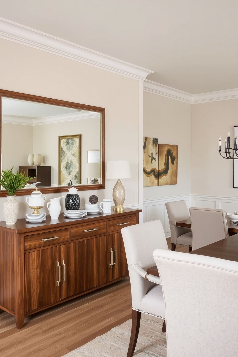 A transitional style buffet serves as the focal point of the dining room with a rich wood finish and sleek metal hardware. The buffet is adorned with decorative items such as a large mirror above it and elegant tableware displayed on the surface. The dining room features a blend of traditional and contemporary elements, with a large wooden dining table surrounded by upholstered chairs. Soft, neutral tones on the walls and a stylish chandelier overhead create a warm and inviting atmosphere.