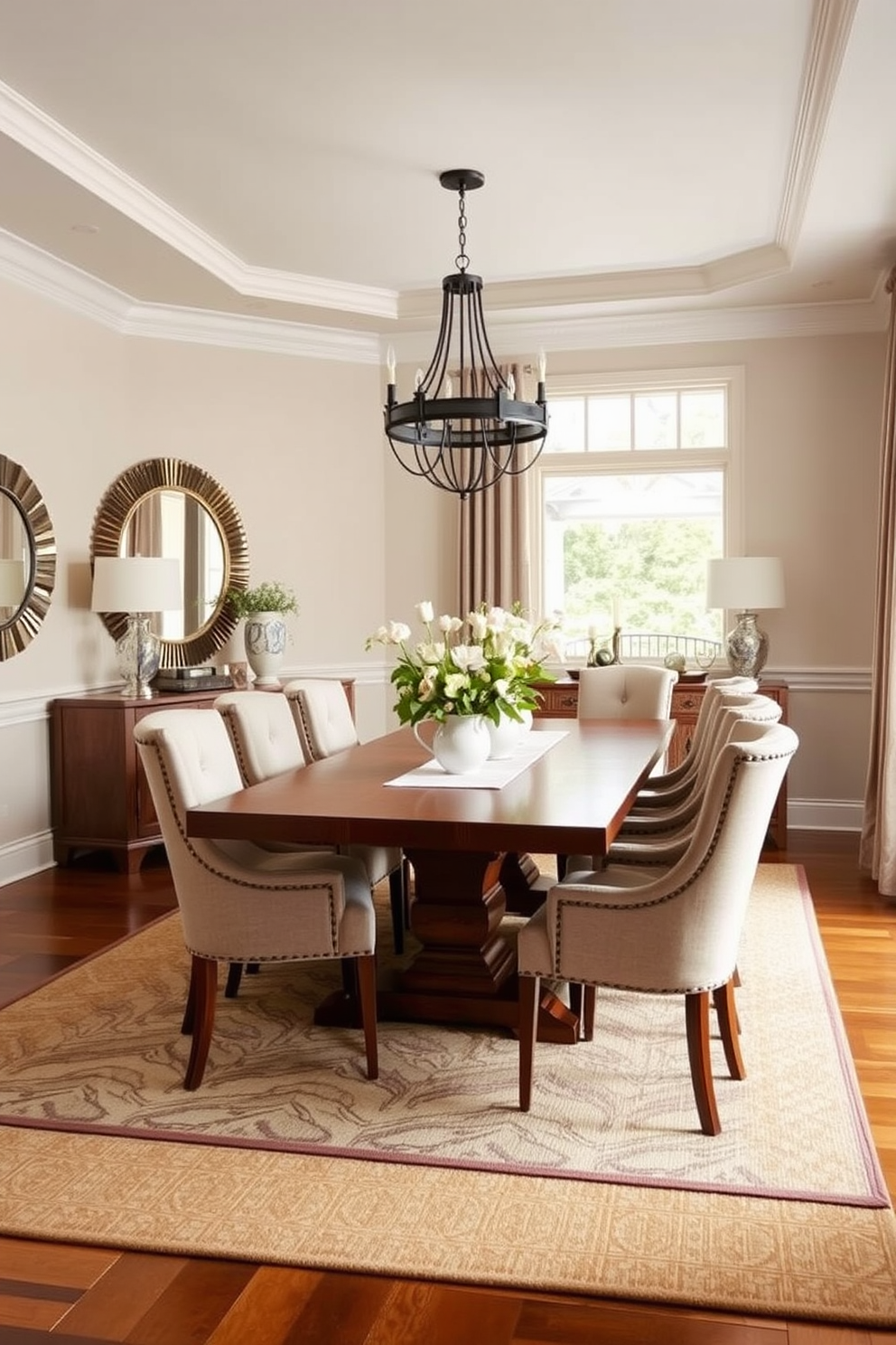 A transitional dining room features a large wooden dining table surrounded by upholstered chairs in neutral tones. Decorative mirrors are strategically placed on the walls to enhance natural light and create a sense of space. The room is adorned with a stylish chandelier that adds a touch of elegance. Soft, warm colors are used throughout, complemented by a tasteful area rug that ties the design together.