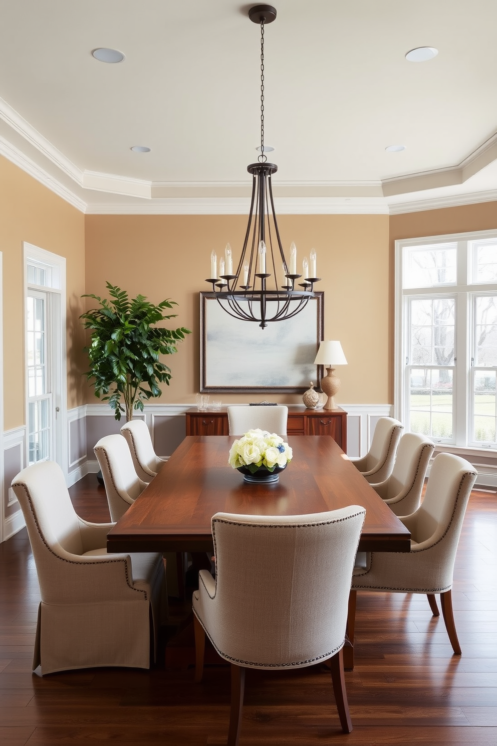 A transitional dining room featuring a large wooden table surrounded by upholstered chairs in soft neutral tones. The walls are painted in a warm beige, complemented by a statement chandelier that adds elegance to the space. In one corner, a tall plant adds a fresh and lively touch, while a sideboard displays decorative items and tableware. Large windows allow natural light to flood the room, enhancing the inviting atmosphere.