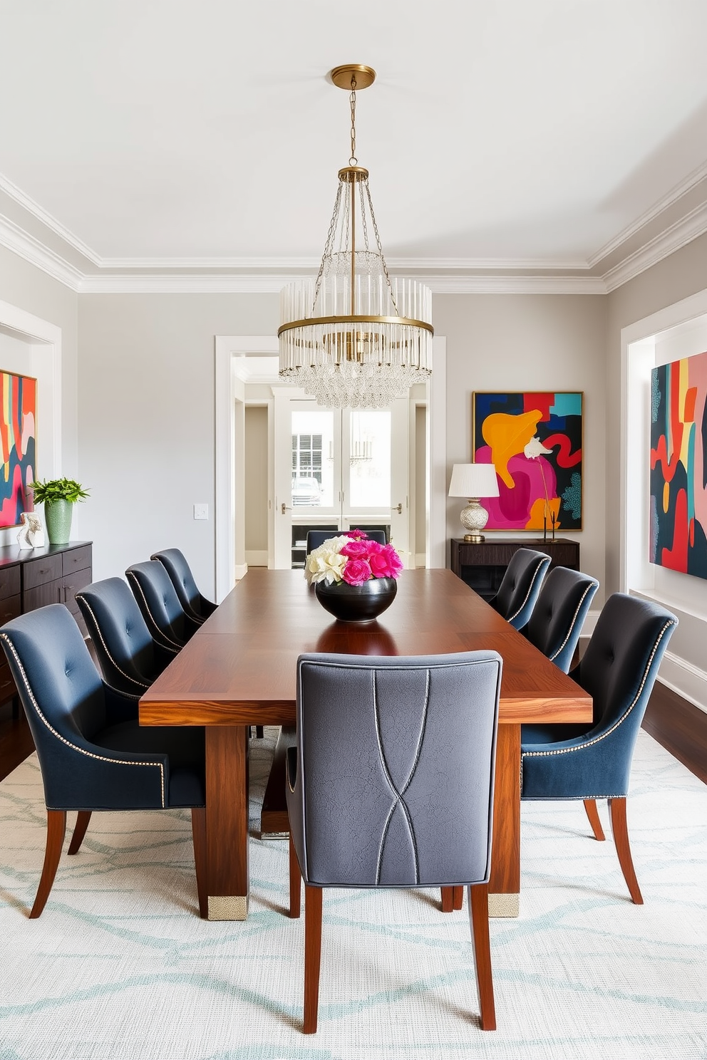 A transitional dining room featuring a neutral color palette complemented by bold accents. The space includes a large wooden dining table surrounded by upholstered chairs in a rich jewel tone. A statement chandelier hangs above the table, adding a touch of elegance to the room. The walls are adorned with artwork that incorporates vibrant colors, creating a striking contrast with the soft tones of the furnishings.