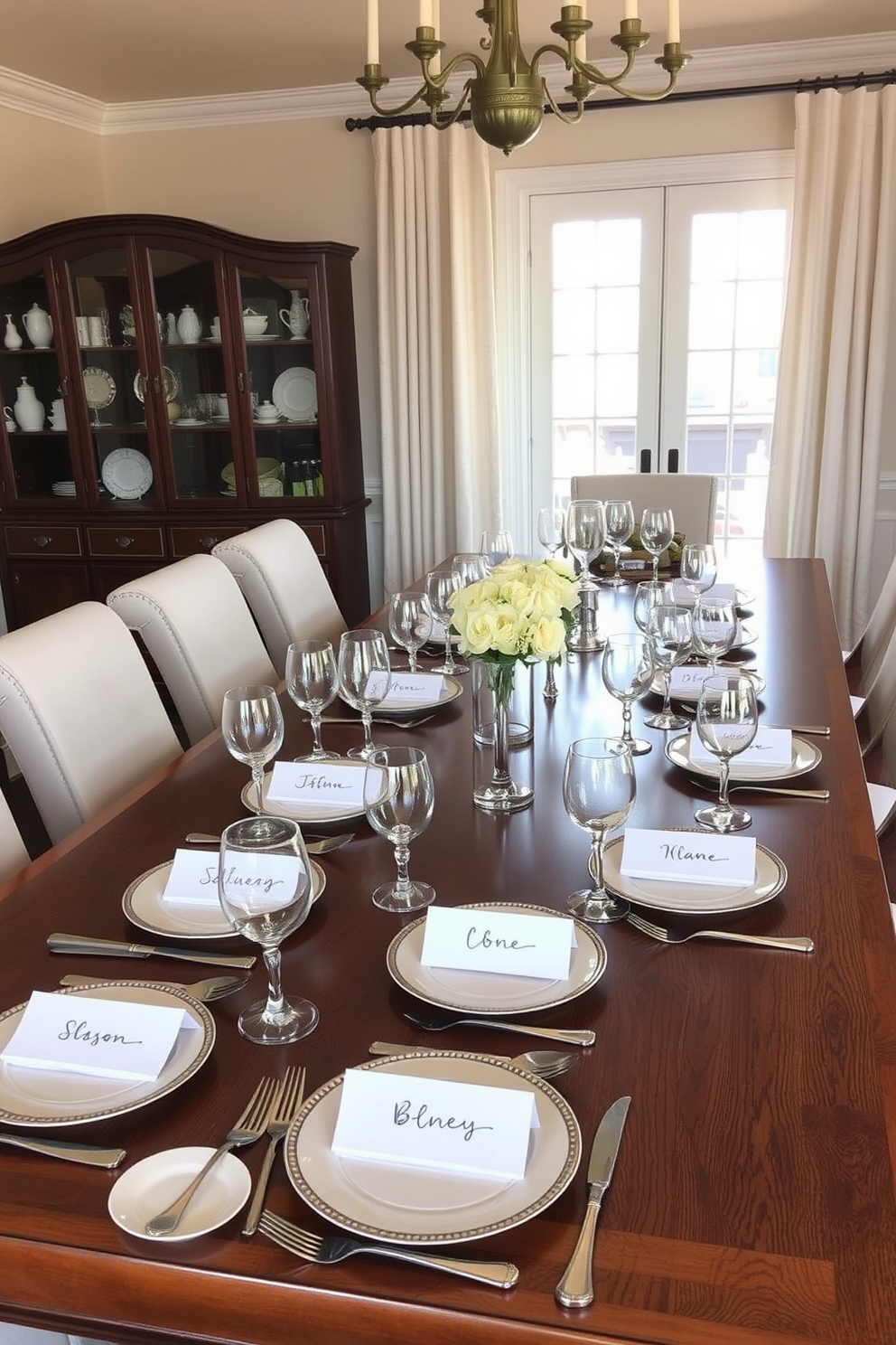 Personalized place settings for special occasions. The table is elegantly set with fine china, crystal glassware, and polished silverware, each place card featuring a handwritten name. Transitional dining room design ideas. The space blends traditional and contemporary elements, showcasing a large wooden dining table surrounded by upholstered chairs in a soft neutral fabric.