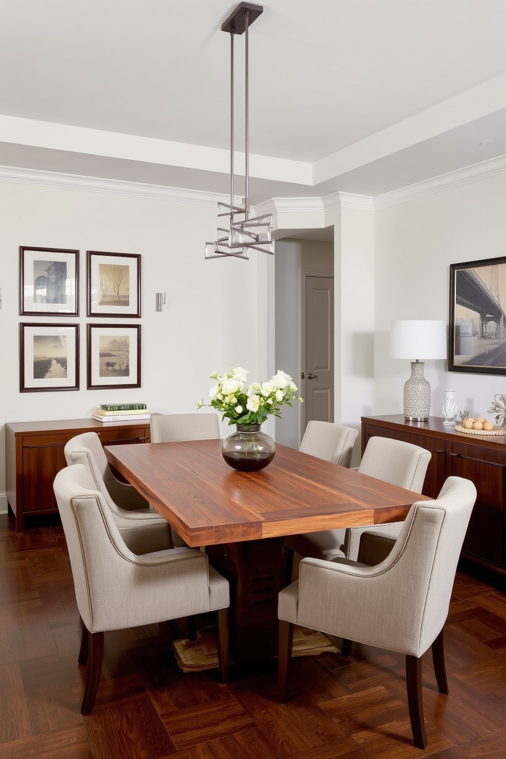 A transitional dining room that blends modern and vintage decor. The centerpiece is a large wooden dining table with a distressed finish surrounded by upholstered chairs in a neutral fabric. On the walls, there are framed vintage art pieces that complement sleek contemporary lighting fixtures. A stylish sideboard in a dark wood finish holds decorative items and serves as a functional storage space.