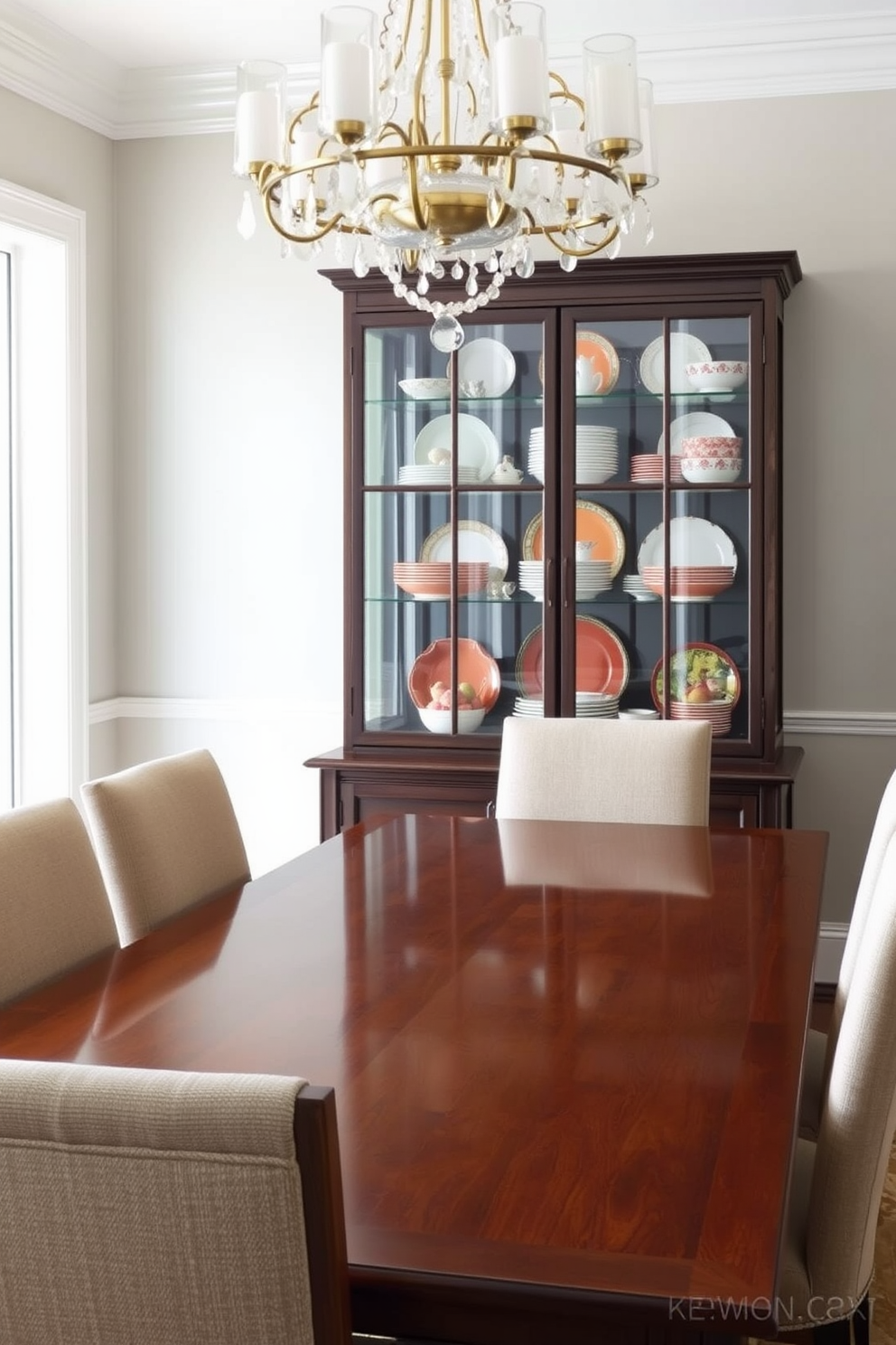 A transitional dining room features a glass cabinet showcasing an elegant dinnerware collection. The cabinet is positioned against a soft gray wall, allowing the colorful dishes to stand out beautifully. The dining table is a rich wood with a polished finish, surrounded by upholstered chairs in a neutral fabric. A statement chandelier hangs above the table, adding a touch of sophistication to the space.