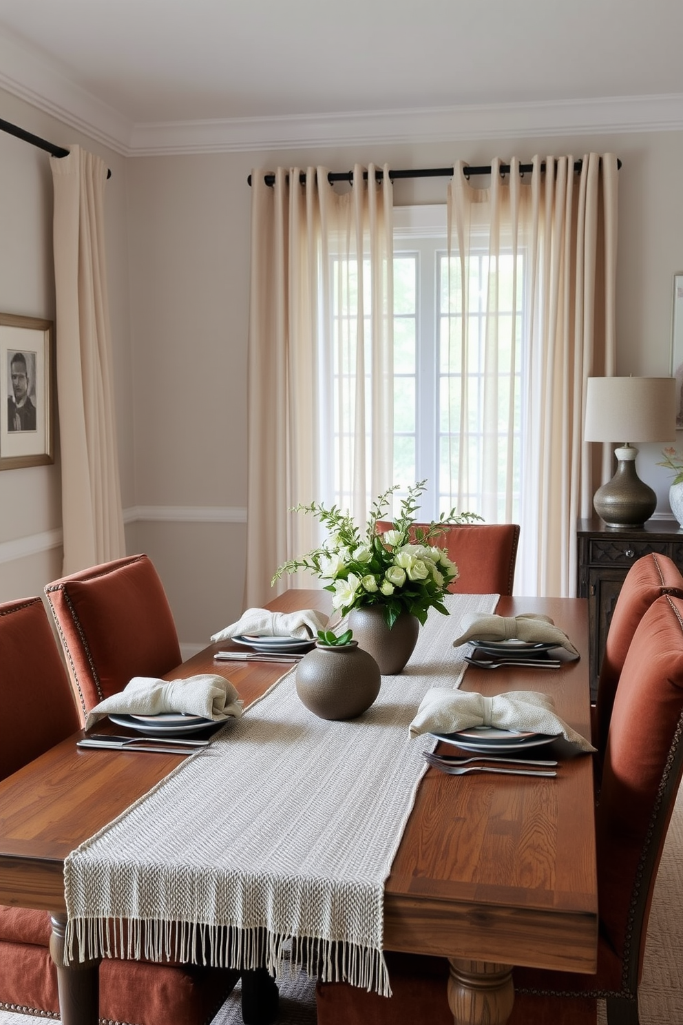 A cozy dining room featuring layered textiles that create a warm and inviting atmosphere. The table is set with a soft woven table runner and plush fabric napkins, complemented by upholstered chairs in a rich, earthy tone. The walls are adorned with subtle artwork that enhances the transitional style. Natural light filters through sheer curtains, casting a gentle glow on the wooden dining table and surrounding decor.