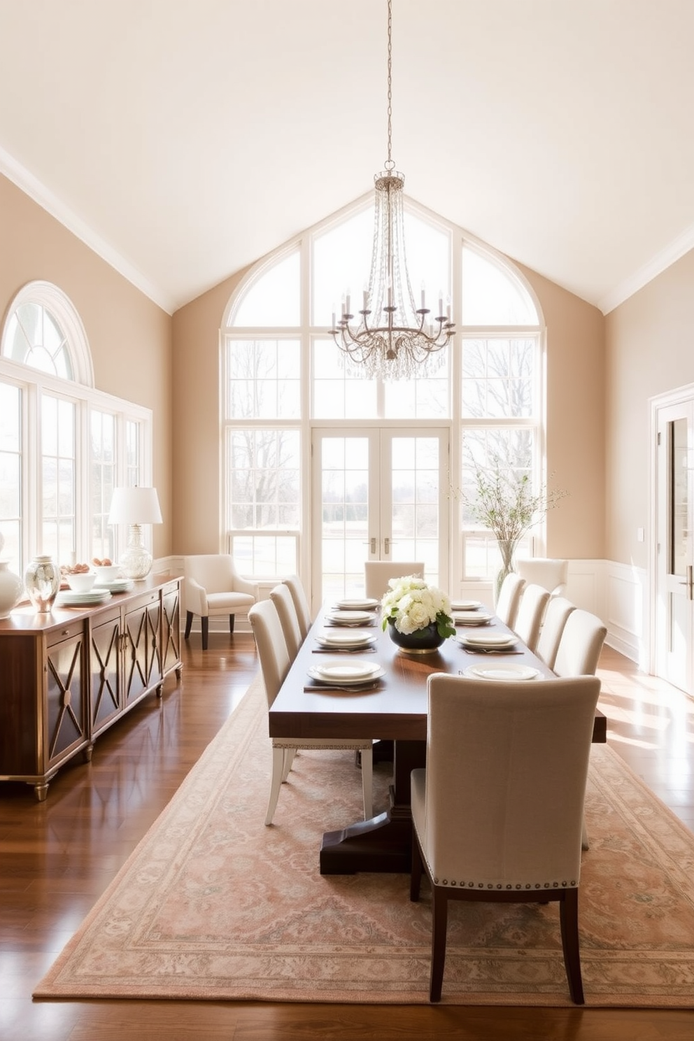 A bright and airy dining room filled with natural light streaming through large floor-to-ceiling windows. The room features a long wooden dining table surrounded by upholstered chairs in soft neutral tones. On one side of the room, a stylish sideboard displays elegant dinnerware and decorative accents. The walls are painted in a warm beige color, complemented by a statement chandelier that adds a touch of sophistication.