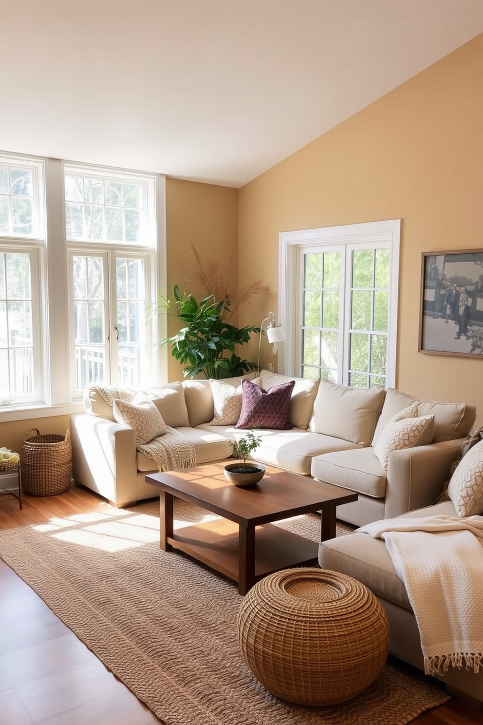 A cozy living room filled with natural light. The walls are painted in a warm neutral color palette, creating an inviting atmosphere. A plush sectional sofa in a soft beige fabric is adorned with textured throw pillows. A wooden coffee table sits in the center, complemented by a woven area rug that adds warmth to the space.