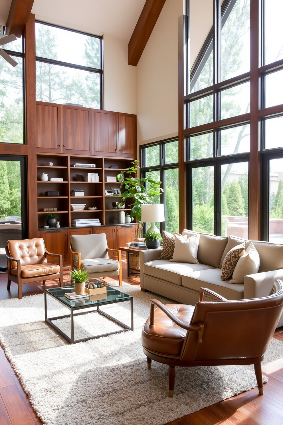 A transitional living room that combines modern and traditional elements. Large windows allow natural light to flood the space, highlighting the warm wood tones of the furniture. The room features a comfortable sectional sofa in a neutral fabric paired with a vintage leather armchair. A soft area rug anchors the seating area, while a sleek coffee table adds a contemporary touch.