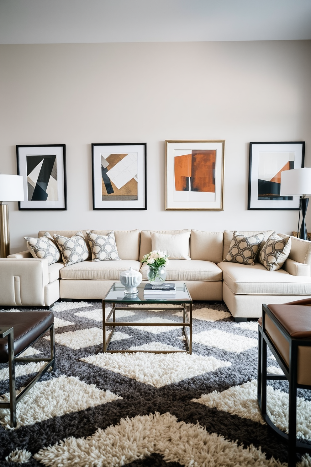 A stylish living room that blends modern and traditional elements. The space features a large sectional sofa with geometric patterned cushions and a sleek coffee table with a glass top. On the walls, there are framed abstract art pieces that echo the geometric theme. A plush area rug with a bold geometric design anchors the seating area, while a mix of metal and wood accents add warmth and sophistication.