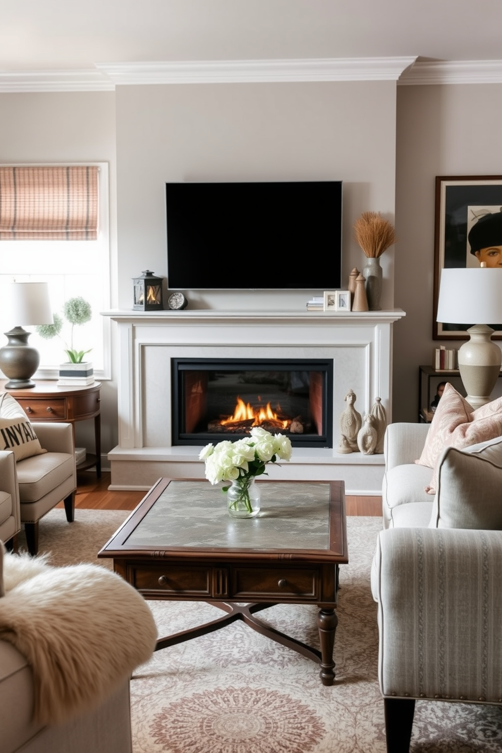 A cozy living room featuring a stylish fireplace that serves as the focal point. The space is adorned with a mix of modern and traditional furnishings, including a plush sofa and a vintage coffee table. Soft lighting enhances the inviting atmosphere, while a neutral color palette creates a serene backdrop. Decorative elements like throw pillows and artwork add personality and warmth to the room.