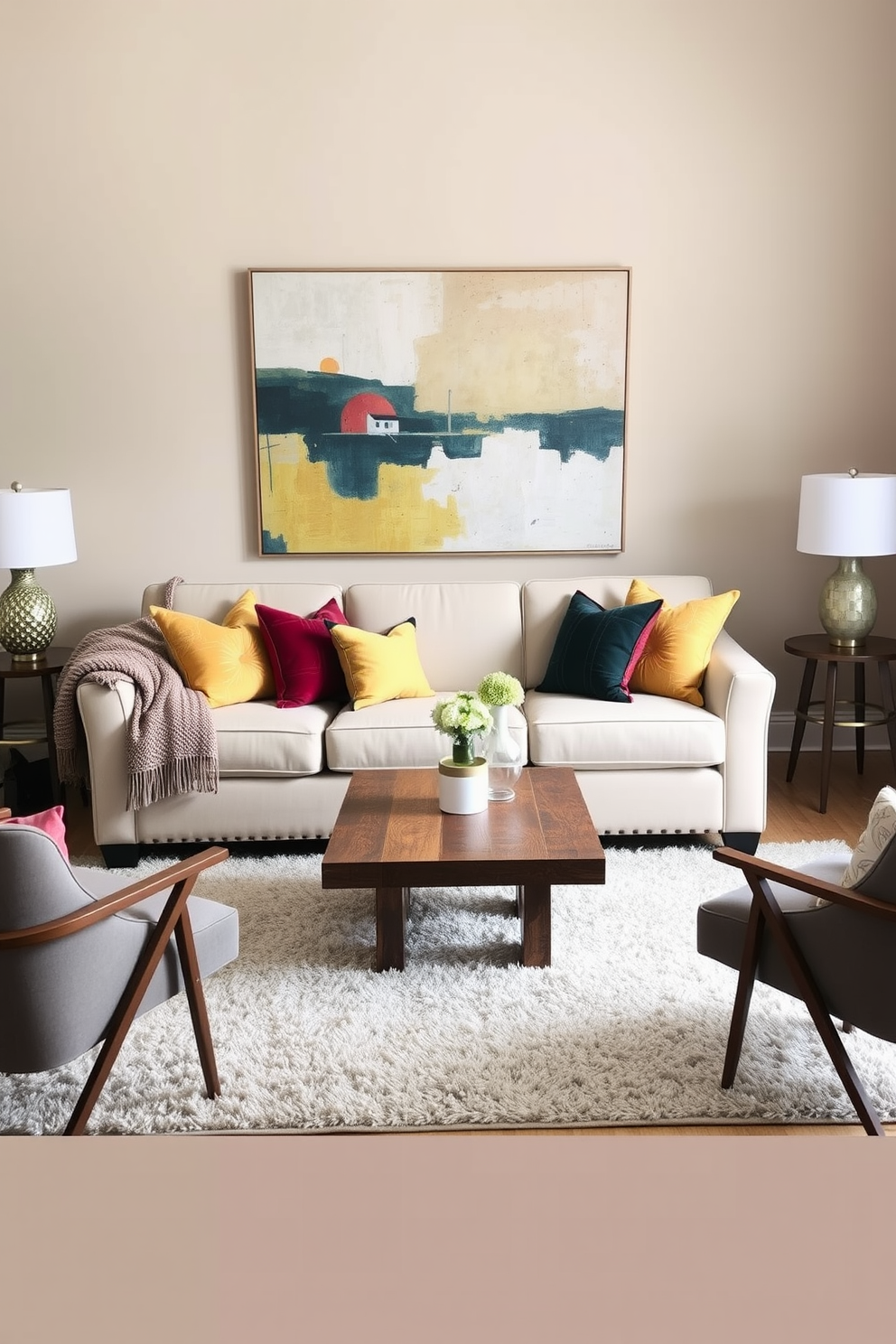 Select a neutral sofa with colorful accent pillows and a textured throw blanket draped over one side. The walls are painted in a soft beige, and a large abstract painting adds a pop of color above the sofa. In front of the sofa, place a stylish coffee table made of reclaimed wood surrounded by modern accent chairs. A plush area rug in complementary colors anchors the seating area, creating a warm and inviting atmosphere.