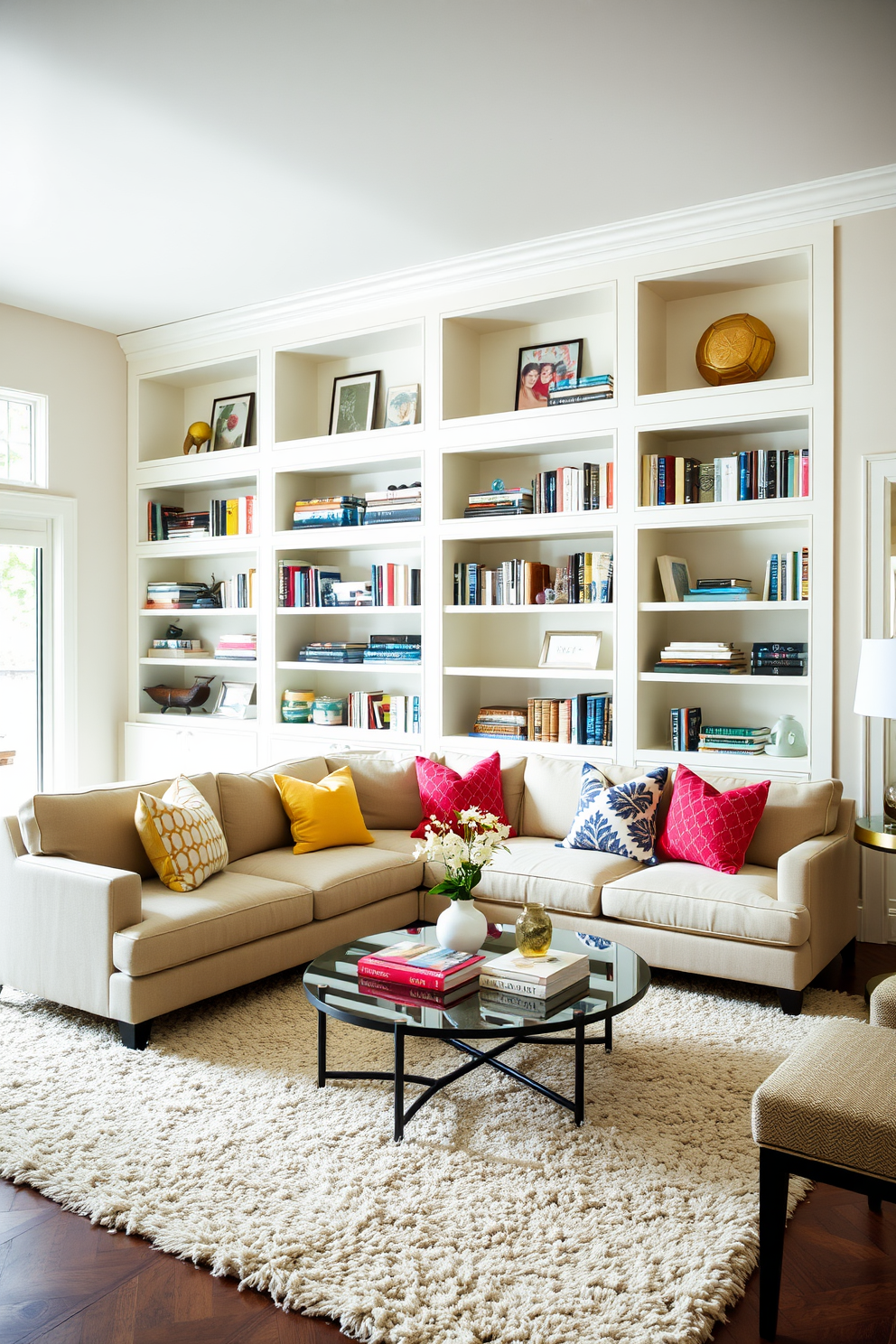 A transitional living room featuring built-in shelving that elegantly integrates with the wall. The shelves are filled with a curated collection of books and decorative items, providing both organization and visual interest. The seating area includes a plush sectional sofa in a neutral tone, complemented by colorful accent pillows. A stylish coffee table sits at the center, surrounded by a soft area rug that adds warmth to the space.