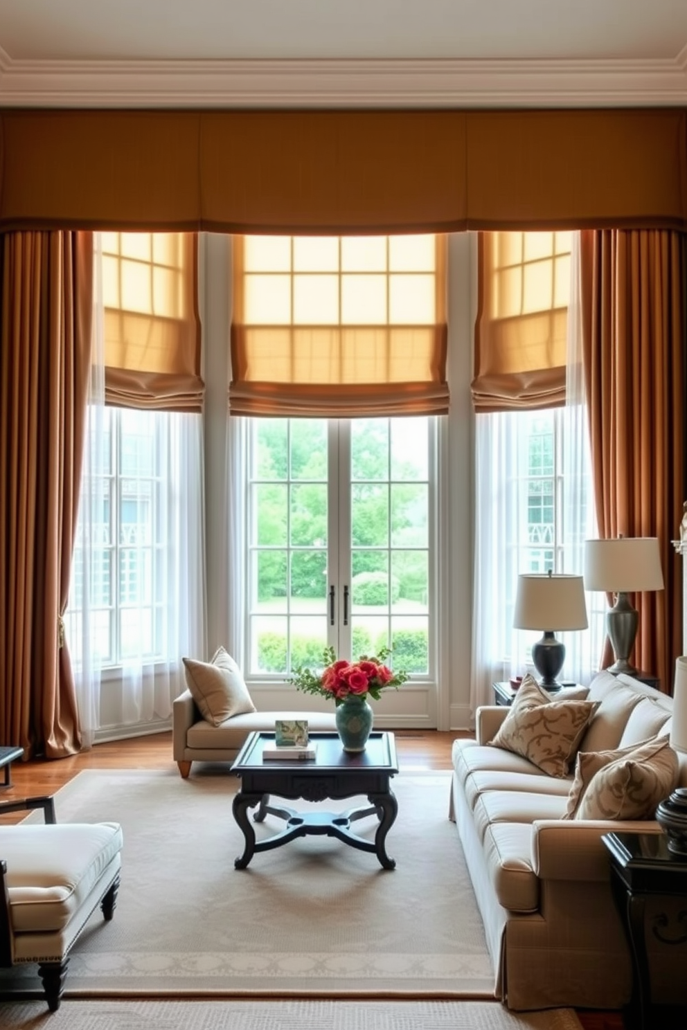 A transitional living room features a blend of modern and traditional elements. The space includes a plush sectional sofa in a neutral color, paired with an antique coffee table that adds character. For window treatments, choose classic options such as floor-length drapes in a rich fabric that complements the room's color palette. Layer these with sheer curtains to allow natural light while maintaining an elegant aesthetic.