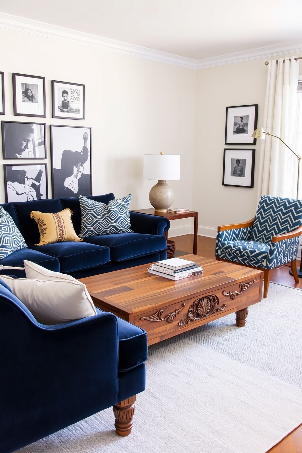 A transitional living room that beautifully blends vintage and modern furniture pieces. The space features a plush velvet sofa in a deep navy hue paired with a reclaimed wood coffee table that showcases intricate carvings. On one side, a mid-century armchair with a bold geometric pattern complements a sleek, contemporary floor lamp. The walls are adorned with a gallery of framed black and white photographs, while a soft area rug ties the room together with warm neutral tones.