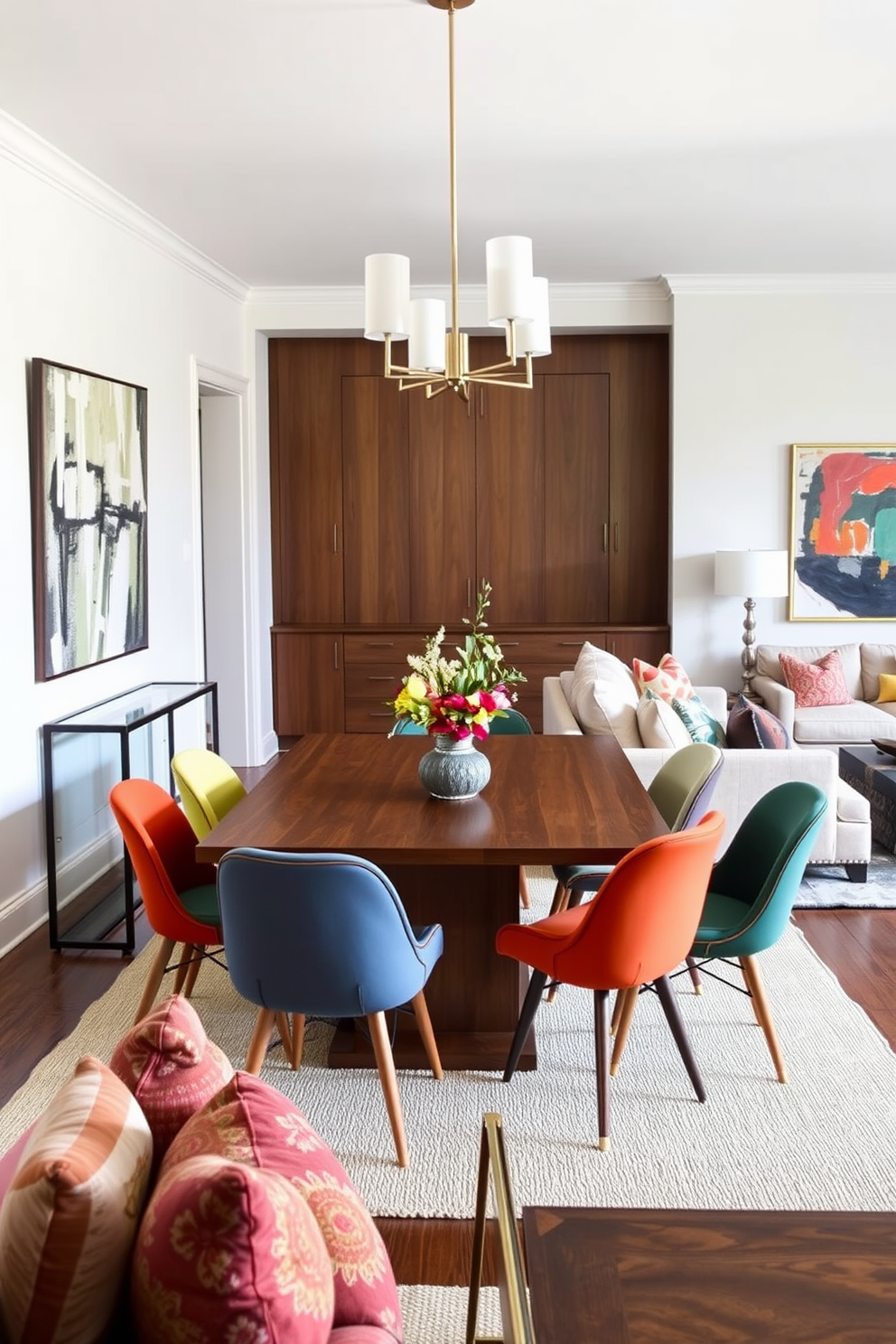 A stylish dining area featuring an eclectic mix of dining chairs in various colors and textures around a sleek wooden table. The space is illuminated by a modern chandelier, and the walls are adorned with abstract art that complements the vibrant chairs. A cozy transitional living room showcasing a blend of contemporary and traditional elements. Plush sofas in neutral tones are accented by colorful throw pillows, while a vintage coffee table adds character to the inviting space.