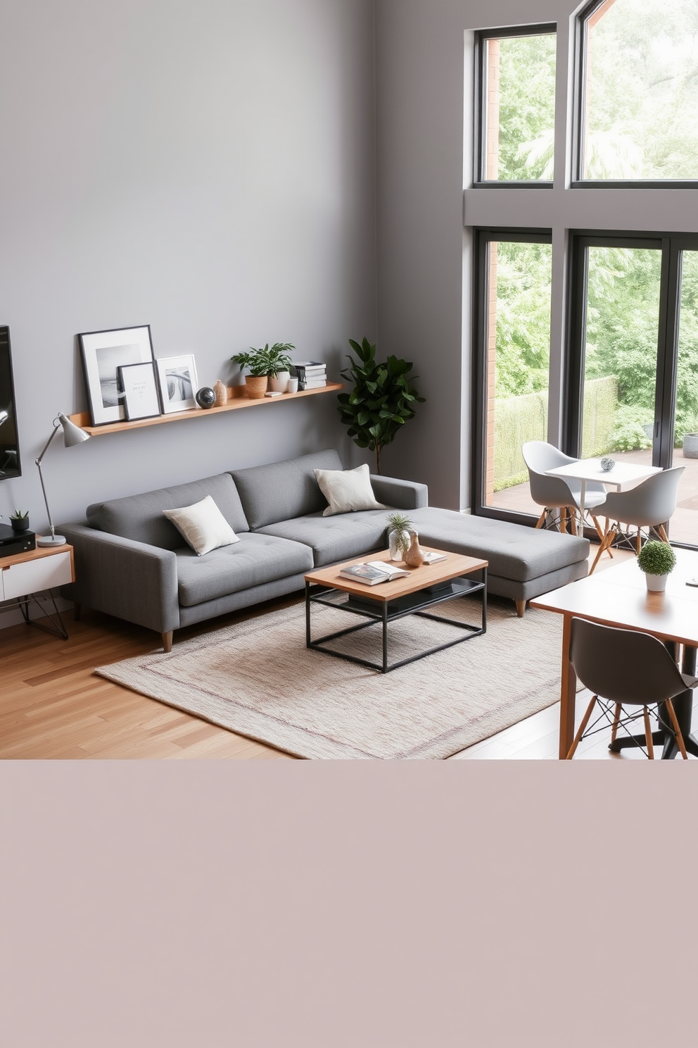 A cozy living room featuring a sleek sofa that doubles as a bed, paired with a stylish coffee table that offers hidden storage. The walls are painted in a soft gray, and a large area rug adds warmth to the space, while a wall-mounted shelf displays decorative items and plants. Incorporate a compact dining table that folds away when not in use, surrounded by modern chairs that can be easily stacked. Large windows allow natural light to flood the room, enhancing the inviting atmosphere of this transitional design.