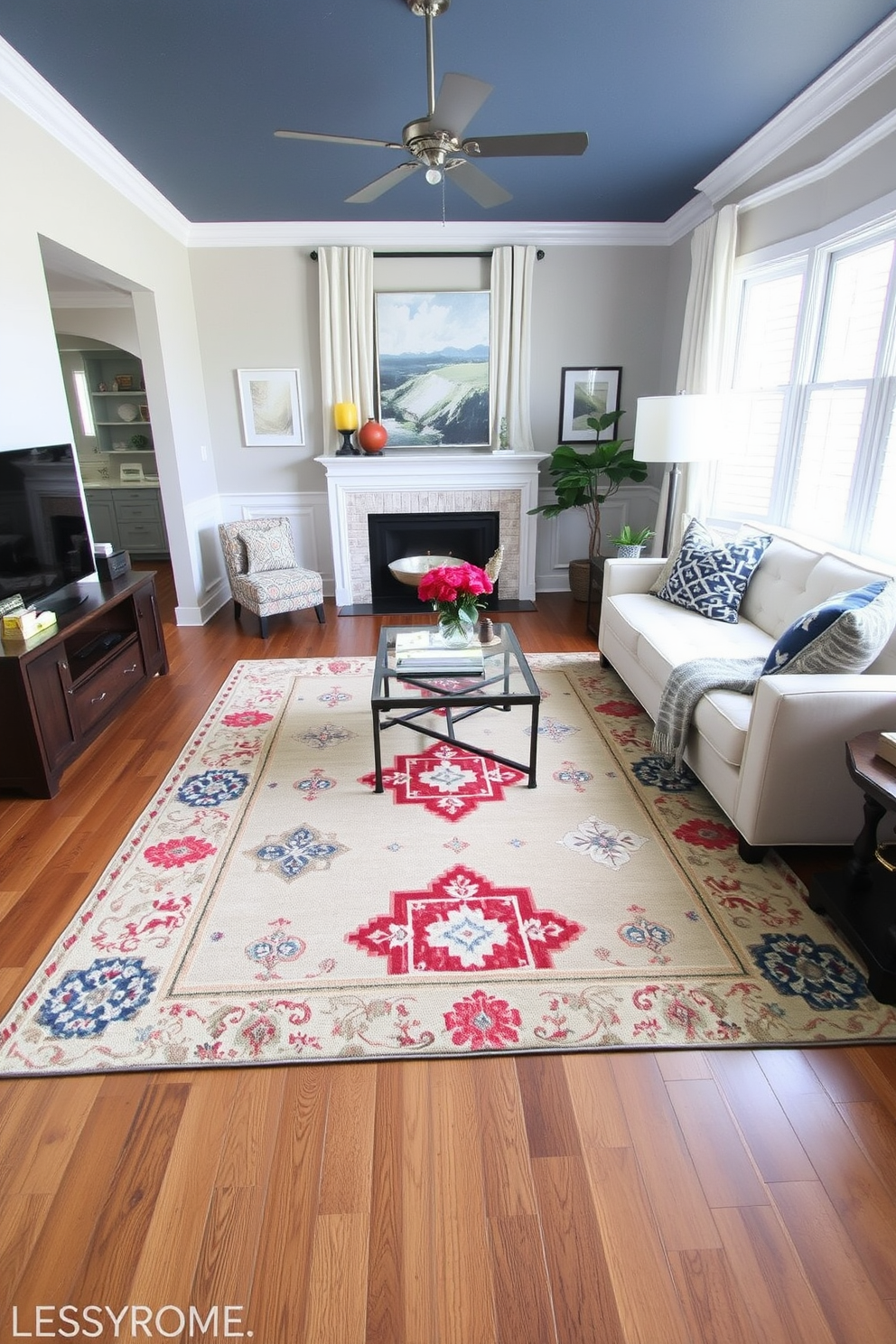 A stylish transitional living room features a unique area rug that blends traditional patterns with modern colors. The rug is placed centrally on a hardwood floor, complementing a mix of contemporary furniture and classic decor elements.