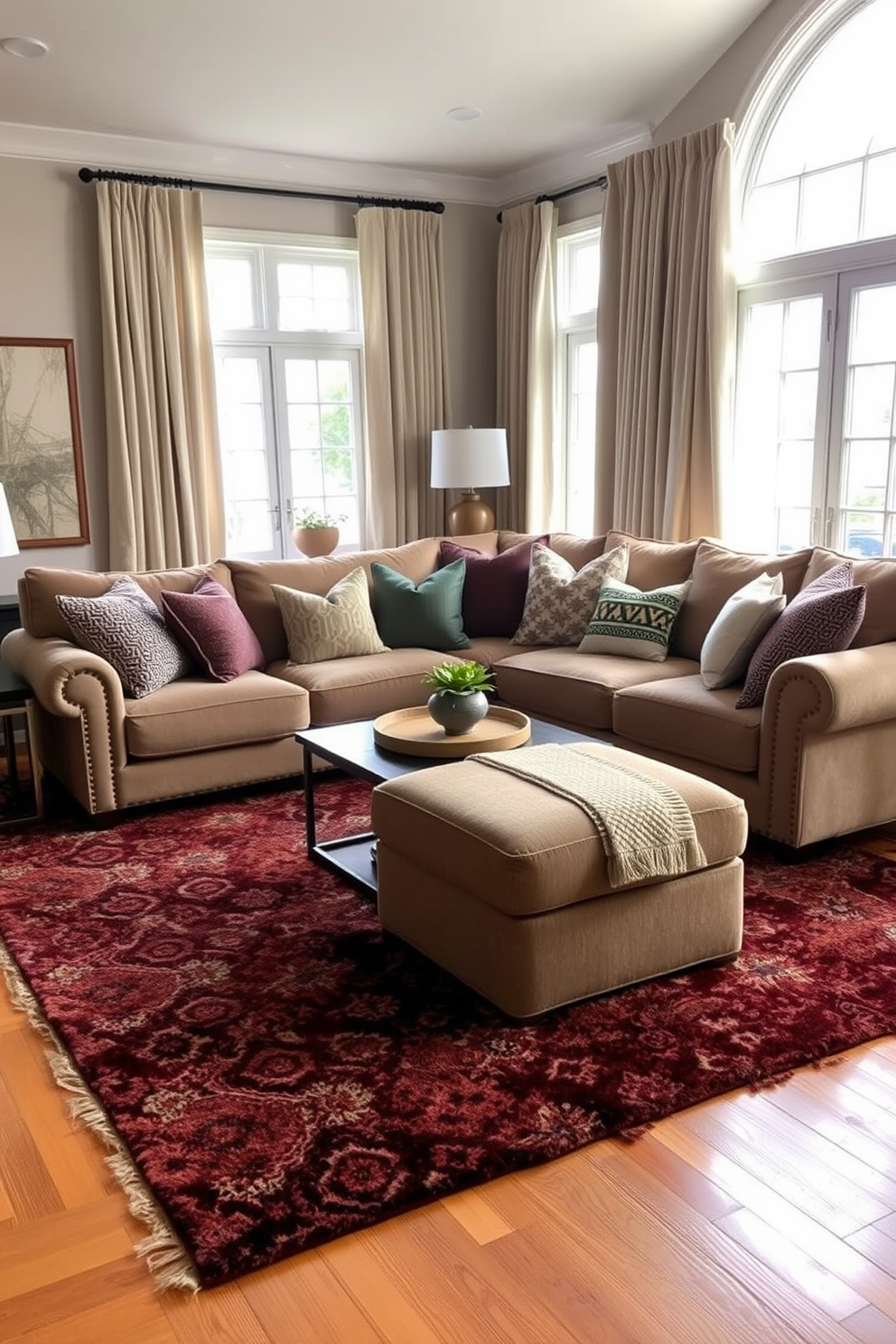 A cozy living room featuring layered textures to create a warm and inviting atmosphere. The space includes a plush sectional sofa adorned with a mix of decorative pillows in various fabrics and patterns. Rich area rugs define the seating area, complementing the hardwood floors beneath. Natural light filters in through large windows, highlighting the soft drapes that add a touch of elegance to the room.