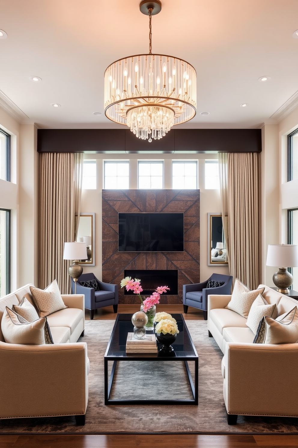 A stunning living room featuring a statement lighting fixture that serves as the focal point. The space is designed with a blend of modern and traditional elements, showcasing elegant furniture and rich textures. Soft neutral tones dominate the color palette, complemented by bold accent pieces. Large windows allow natural light to flood the room, enhancing the inviting atmosphere.