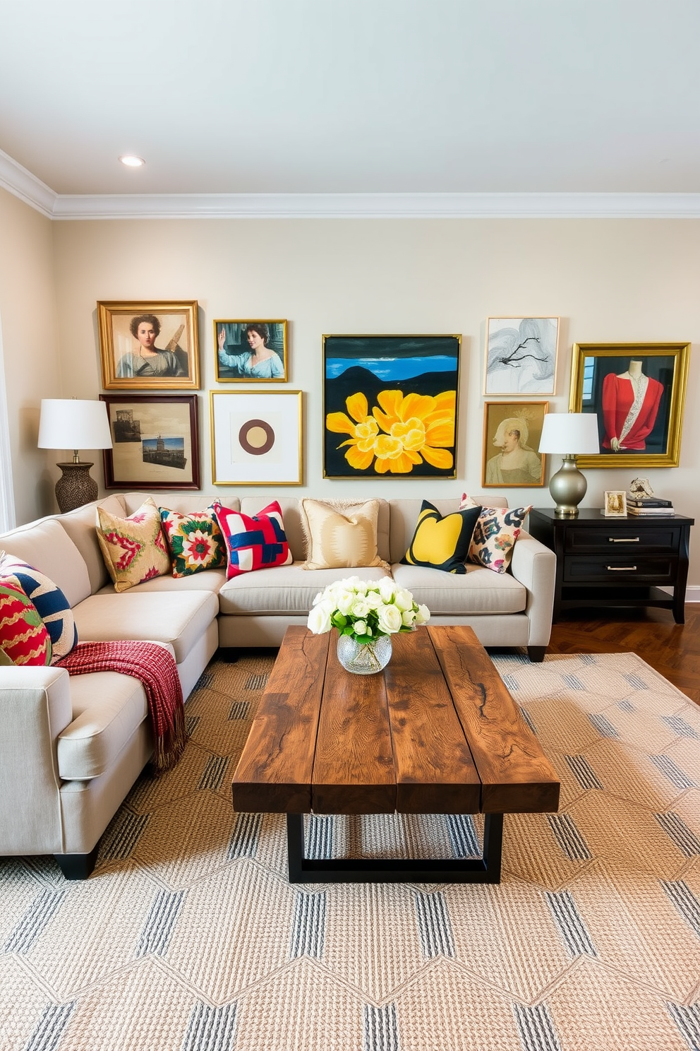 A transitional living room that seamlessly blends traditional and contemporary art pieces. The space features a plush sectional sofa in a neutral tone, accented by vibrant throw pillows inspired by modern art. On the walls, a mix of classic and abstract paintings create an engaging gallery effect. A sleek coffee table made of reclaimed wood sits atop a textured area rug, enhancing the room's inviting atmosphere.