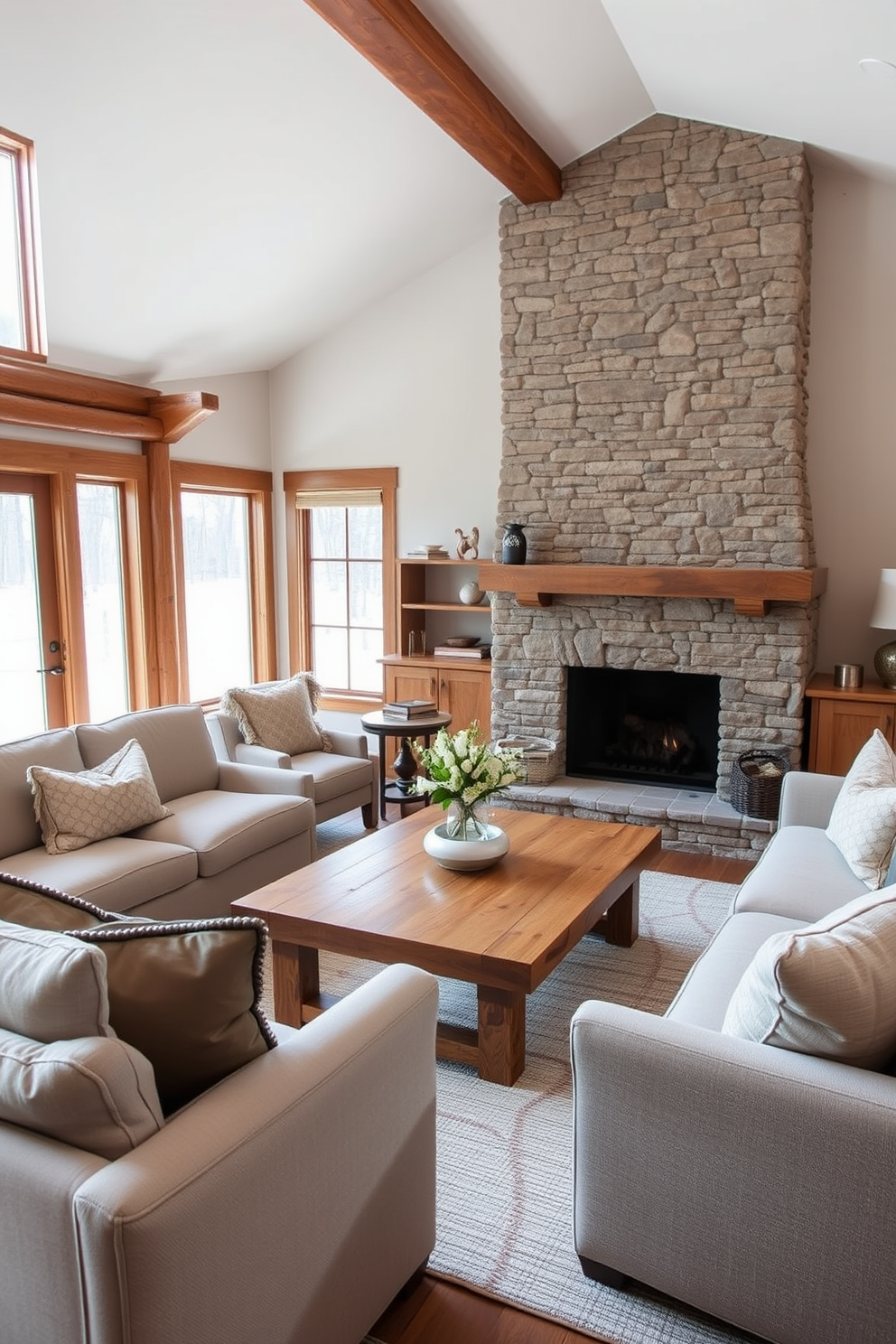 A cozy transitional living room featuring natural wood elements. The space includes a large reclaimed wood coffee table surrounded by soft, upholstered sofas in neutral tones. A statement fireplace made of stacked stone serves as the focal point. Large windows allow natural light to flood the room, highlighting the warm wood accents throughout.