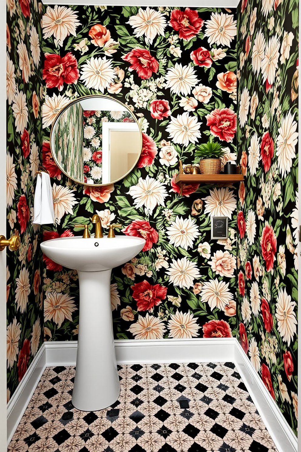 A trendy powder room featuring bold floral wallpaper that creates a dramatic focal point. The space includes a sleek pedestal sink with a gold faucet and a stylish round mirror above it. The flooring is a chic black and white tile that contrasts beautifully with the vibrant wallpaper. A small potted plant sits on a floating shelf, adding a touch of greenery to the design.