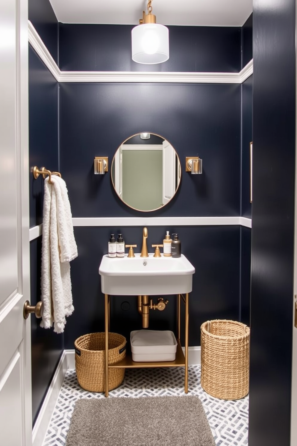 A trendy powder room design features dark navy paint on the walls, creating a cozy and inviting atmosphere. The space is accented with stylish fixtures, a chic vanity, and elegant accessories that enhance the overall aesthetic.