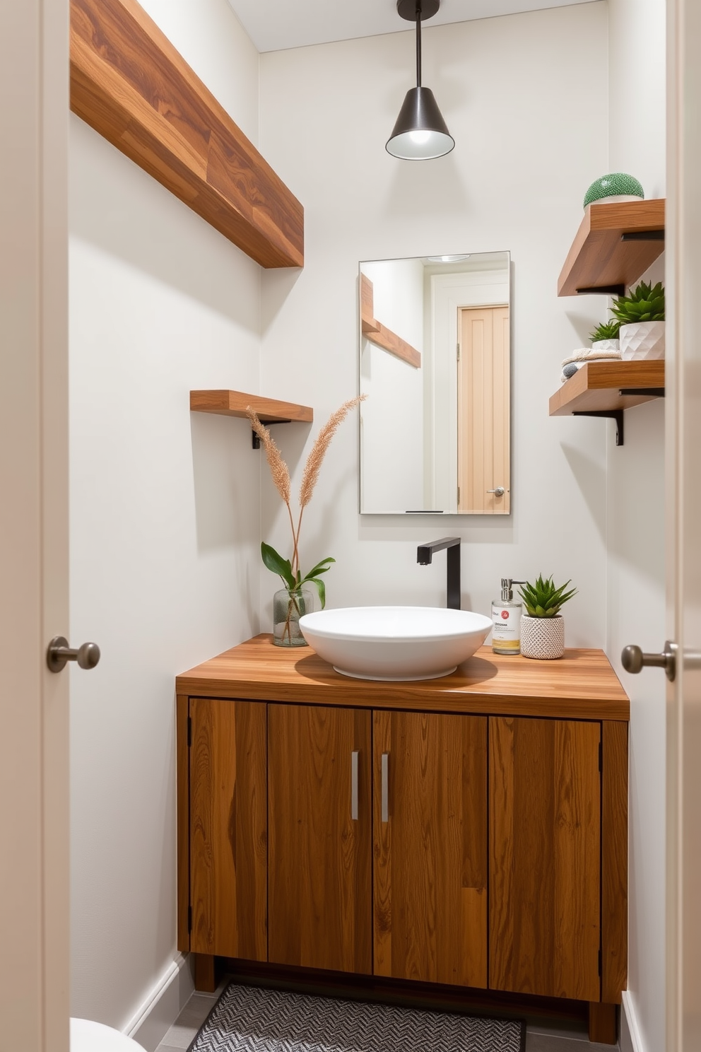 A trendy powder room featuring natural wood accents that add warmth to the space. The walls are painted in a soft pastel color, complementing the rich tones of the wooden shelves and cabinetry. A sleek, modern sink is mounted on a wooden vanity that showcases the beauty of the natural grain. Decorative elements like potted plants and stylish light fixtures enhance the inviting atmosphere of this chic powder room.