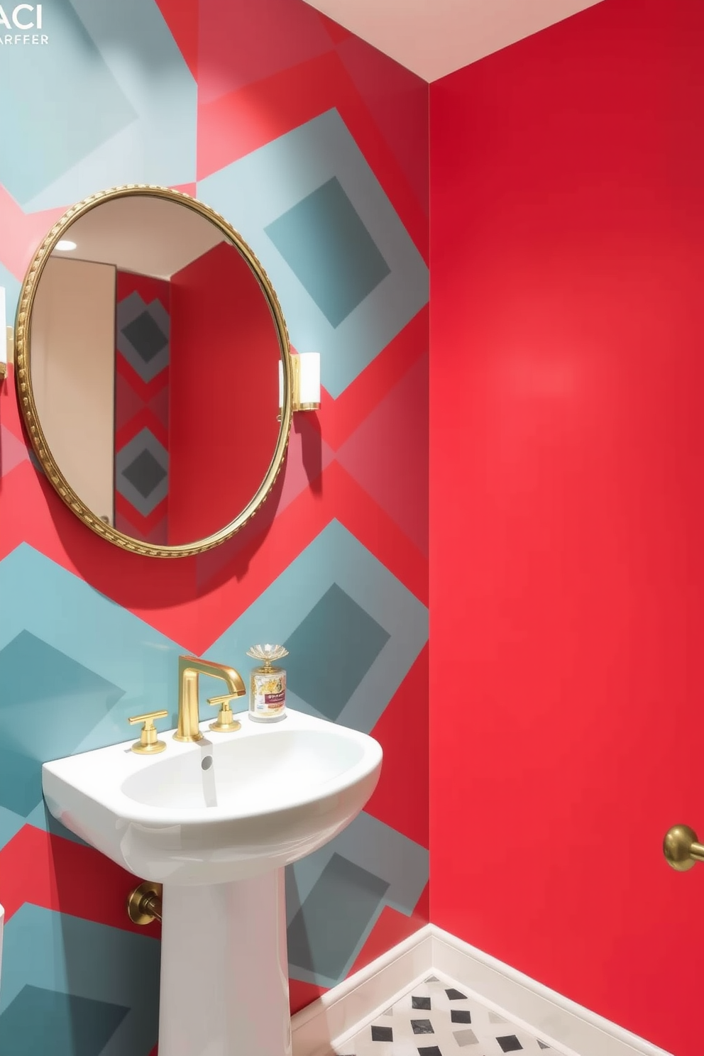 A vibrant powder room features a striking accent wall painted in a bright coral hue. The wall is adorned with geometric patterns that create a lively focal point in the space. The room includes a sleek white pedestal sink paired with a modern gold faucet. A round mirror with a decorative gold frame hangs above the sink, reflecting the playful energy of the room.