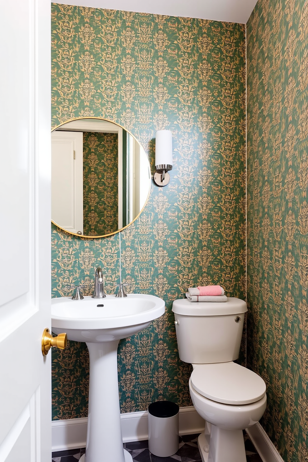 A trendy powder room featuring unique wallpaper adorned with a playful pattern. The space includes a chic pedestal sink and a stylish round mirror that complements the vibrant walls.