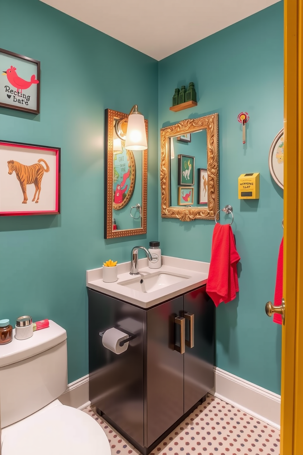 A trendy powder room featuring whimsical accessories that add a fun touch to the space. The walls are painted in a vibrant color, complemented by playful artwork and quirky decor items that bring personality to the room. The vanity is sleek and modern, with a stylish sink and a bold faucet design. Brightly colored towels and unique mirrors enhance the overall playful aesthetic, creating an inviting atmosphere for guests.