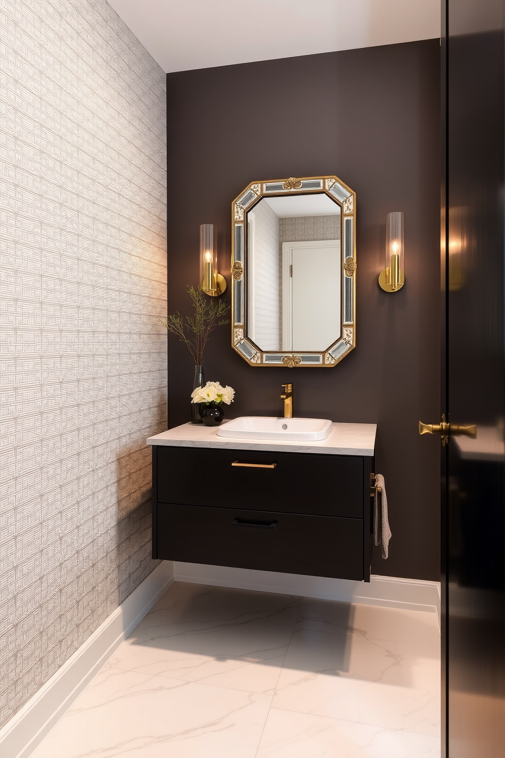 A sleek floating vanity with a modern sink is the centerpiece of this trendy powder room. The walls are adorned with elegant wallpaper featuring a subtle geometric pattern, while stylish lighting fixtures add a warm glow to the space. The floor is covered in polished marble tiles, enhancing the room's contemporary feel. A decorative mirror hangs above the vanity, reflecting the chic decor and providing an illusion of more space.