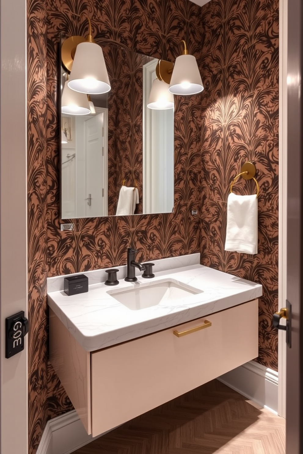 A trendy powder room features a sleek marble countertop that exudes timeless elegance. The walls are adorned with bold wallpaper, and a stylish mirror is mounted above the sink to enhance the space. The flooring is a chic herringbone pattern, complementing the overall design. Soft lighting fixtures create a warm ambiance, making the room inviting and sophisticated.