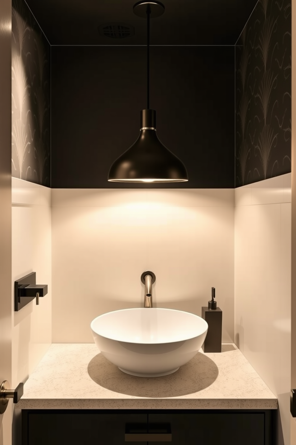 A trendy powder room features layered lighting to create a versatile ambiance. Soft recessed lights illuminate the space while a stylish pendant light hangs above the sink, adding a focal point. The walls are adorned with bold wallpaper that complements the chic fixtures. A sleek, modern vanity with a vessel sink sits atop a textured countertop, enhancing the overall aesthetic.