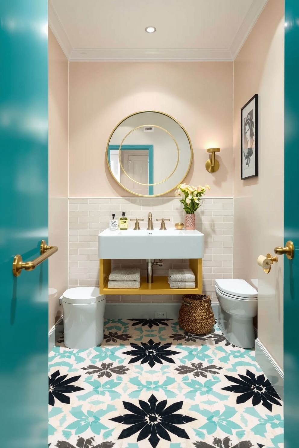 Chic patterned floor tiles create a vibrant focal point in a trendy powder room. The walls are adorned with soft pastel colors, complementing the bold tile design and adding a touch of elegance. Incorporate sleek fixtures and a stylish floating vanity to enhance the modern aesthetic. A round mirror with a unique frame reflects the playful patterns of the floor, making the space feel both inviting and sophisticated.