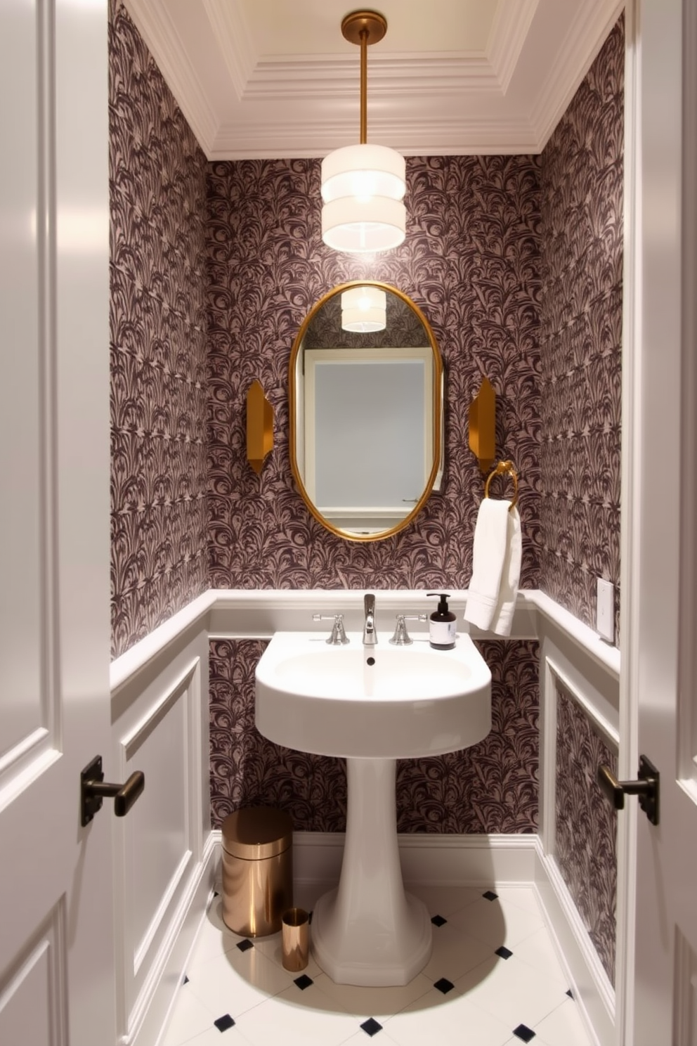 A trendy powder room featuring elegant crown molding that adds a touch of sophistication to the space. The walls are adorned with a stylish wallpaper in a bold pattern, complemented by a chic pedestal sink and a modern mirror above it.