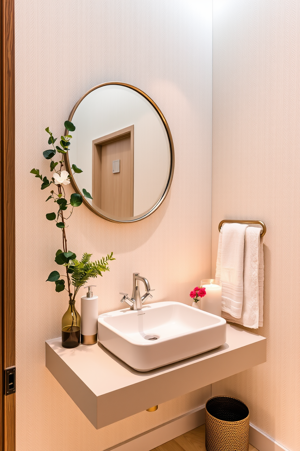 A serene powder room featuring soft pastel colors and natural wood accents. A round mirror with a minimalist frame hangs above a sleek floating vanity, adorned with fresh greenery and elegant soap dispensers. The space is illuminated by warm lighting, creating a cozy atmosphere. Textured wallpaper adds depth, while plush towels and scented candles enhance the spa-like ambiance.